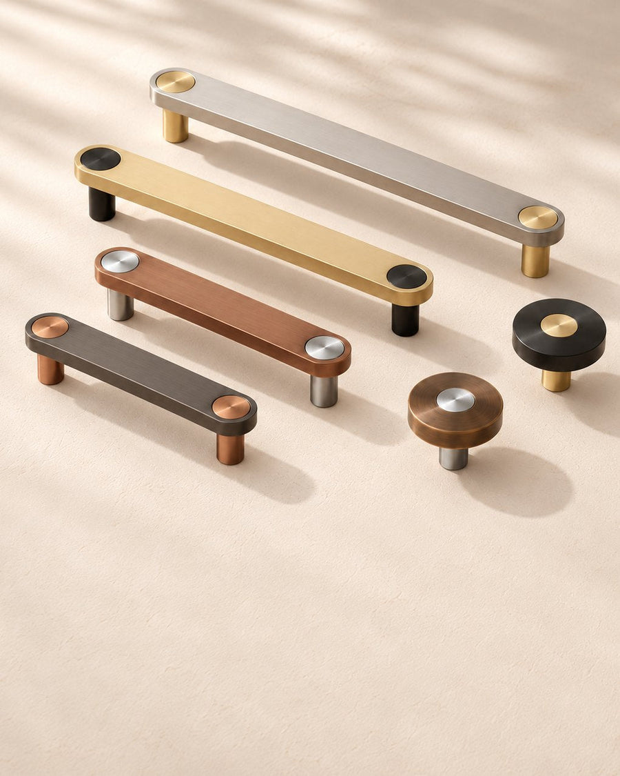 Ensemble metal cabinet handles in Brushed Steel, Brass, Brushed Copper and Gunmetal with contrasting button details