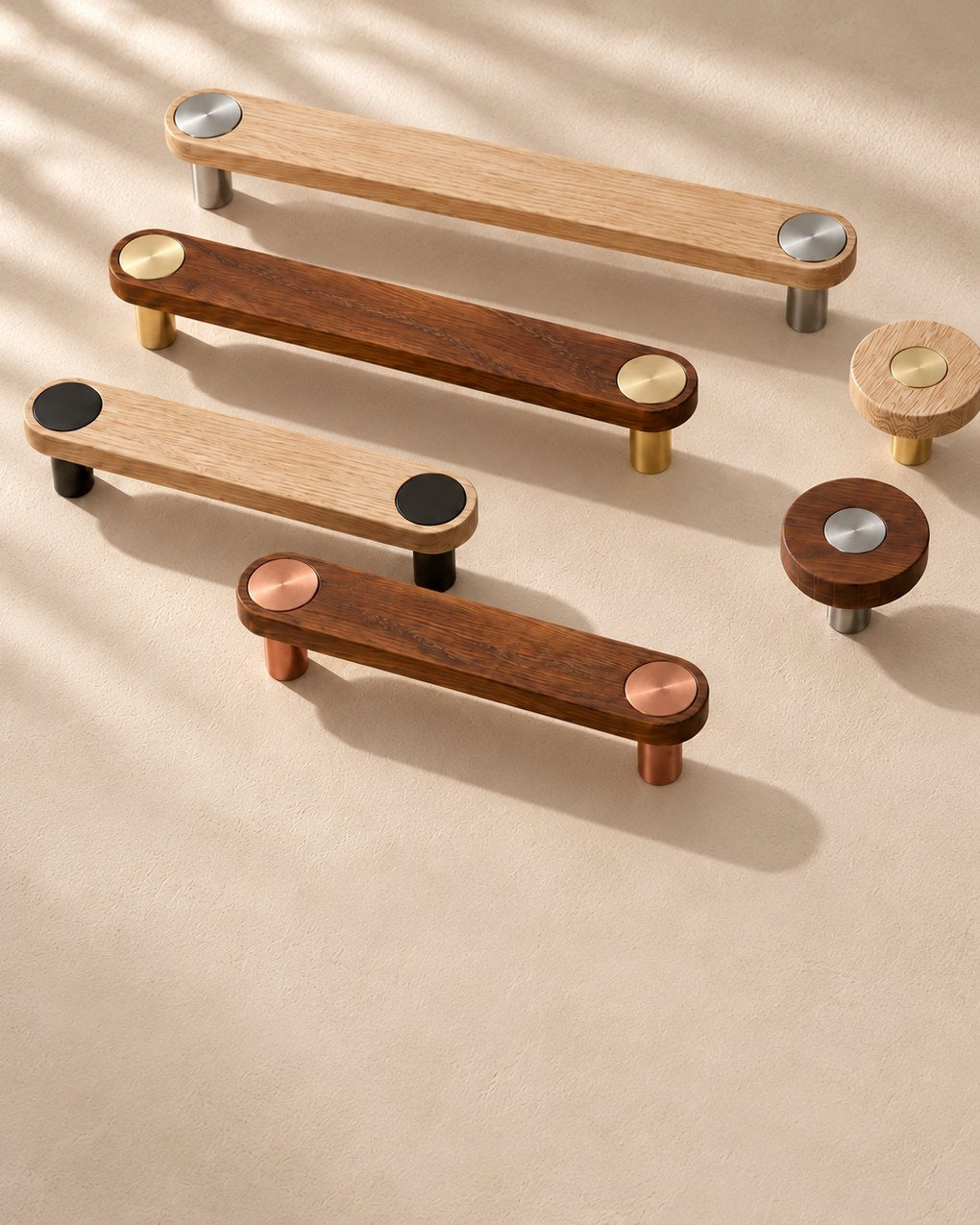 Ensemble timber cabinet handles and knobs in Oak Natural and Walnut Finish with metal button details
