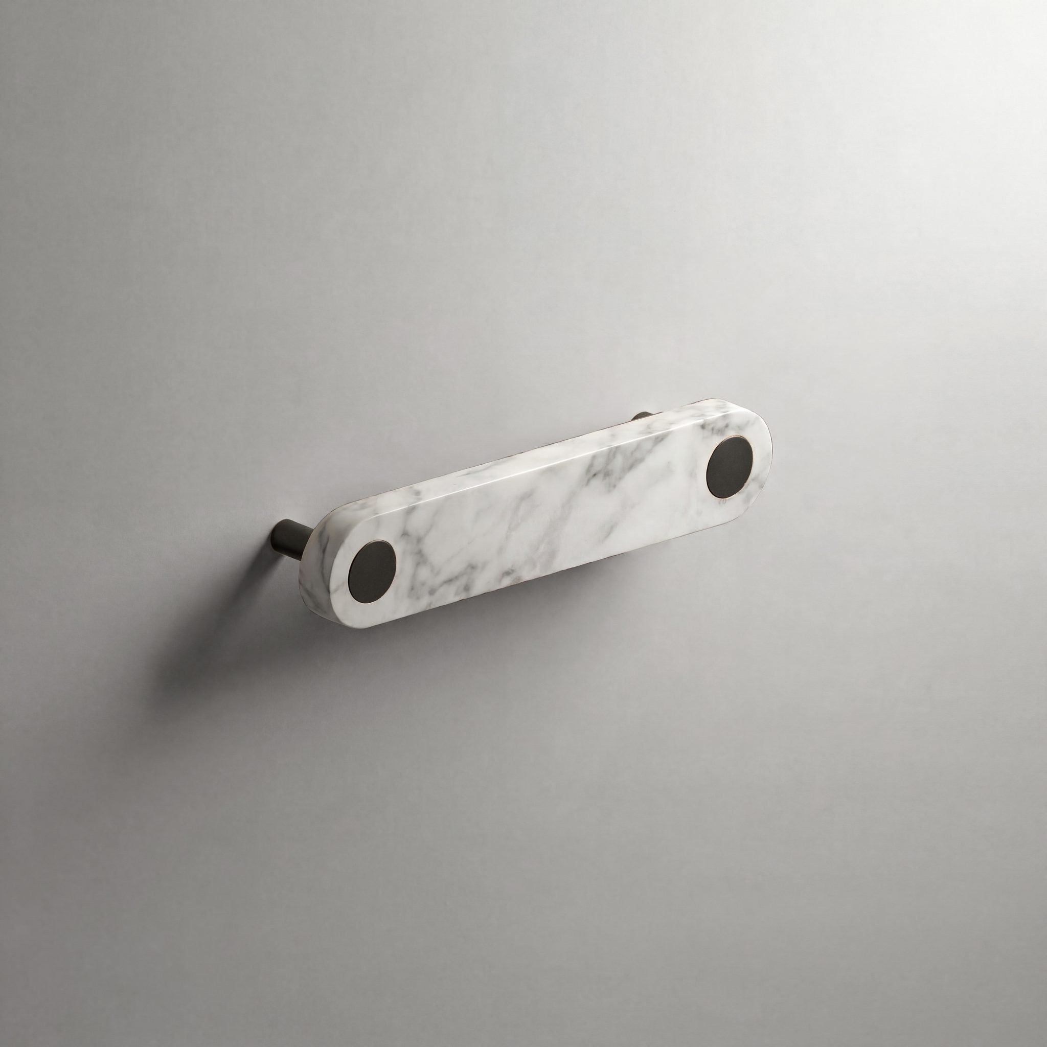 White Marble Ensemble Handle in 128mm Centres with Matte Black button detail by Sloan Roberts.