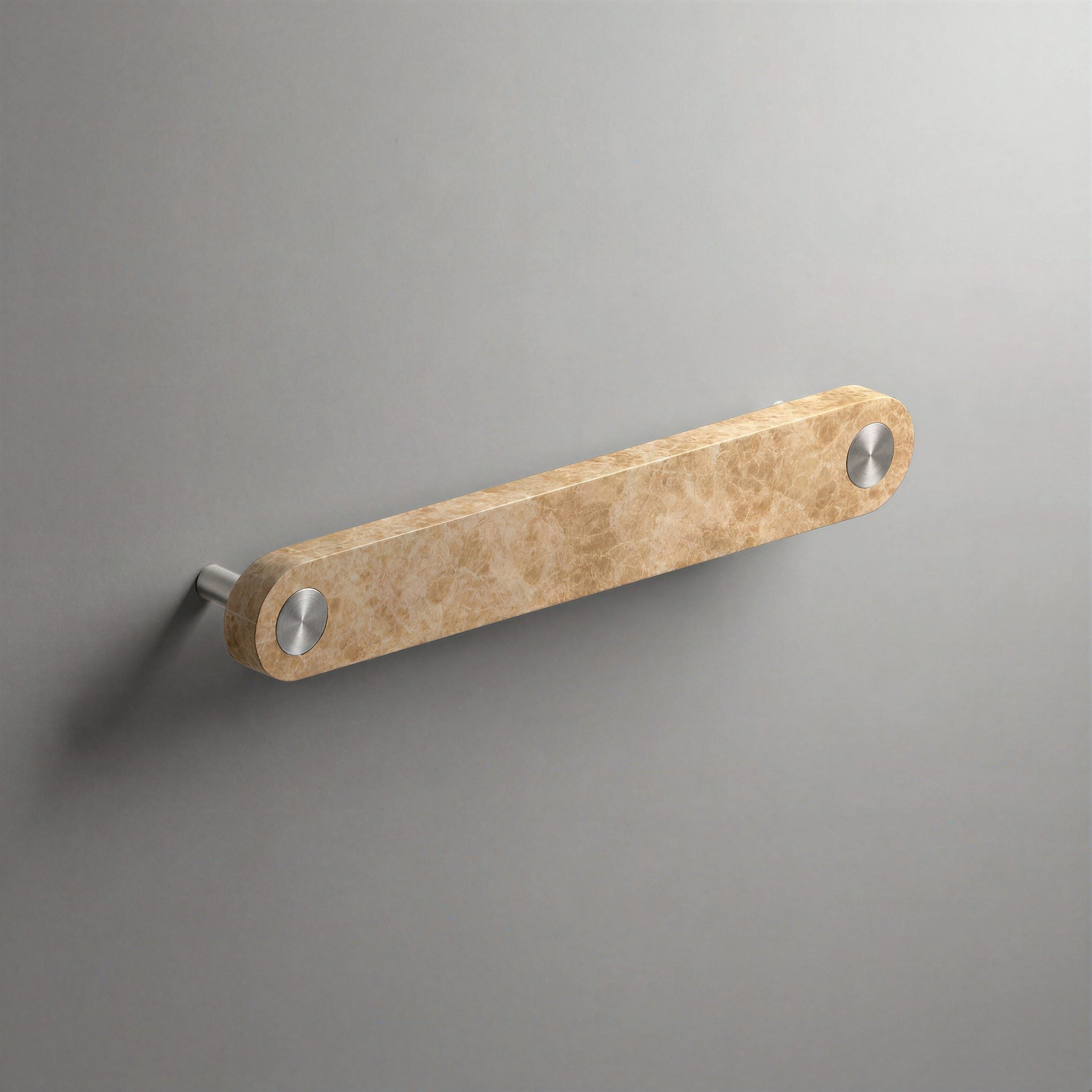 Latte Marble Ensemble Handle in 160mm Centres with Brushed Steel button detail by Sloan Roberts.