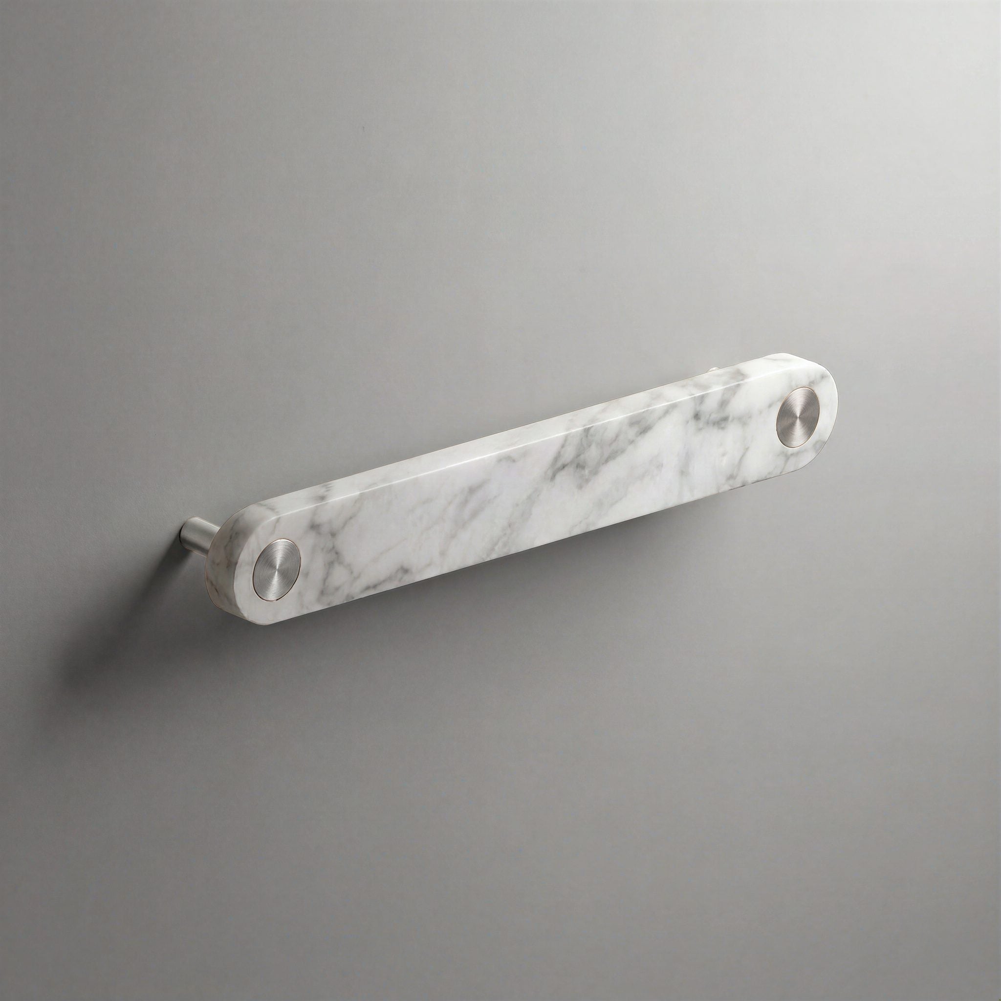 White Marble Ensemble Handle in 160mm Centres with Brushed Steel button detail by Sloan Roberts.