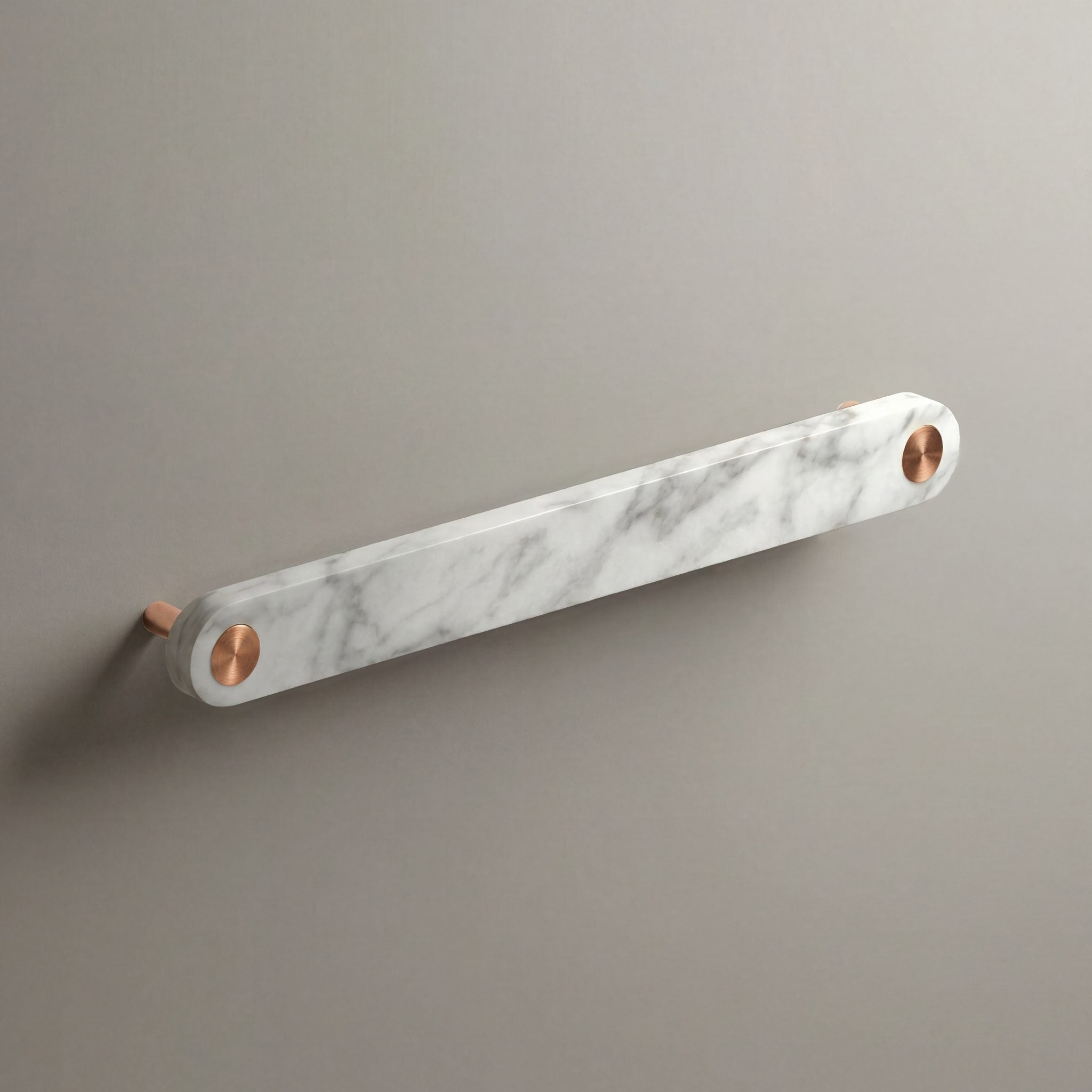 White Marble Ensemble Handle in 192mm Centres with Brushed Copper button detail by Sloan Roberts.