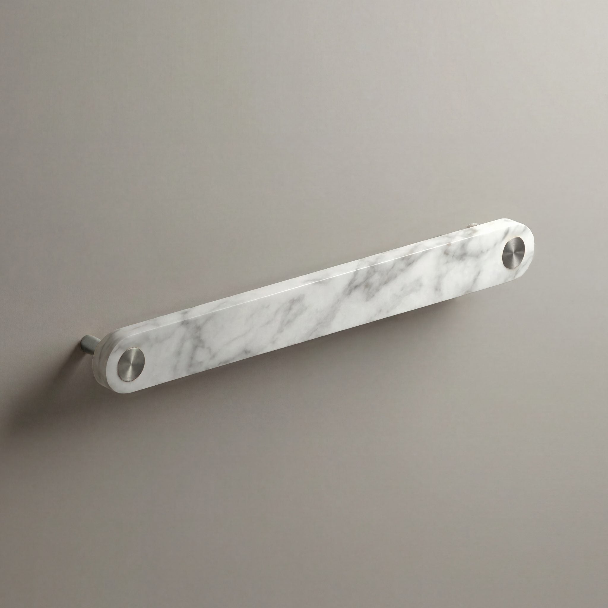 White Marble Ensemble Handle in 192mm Centres with Brushed Steel button detail by Sloan Roberts.