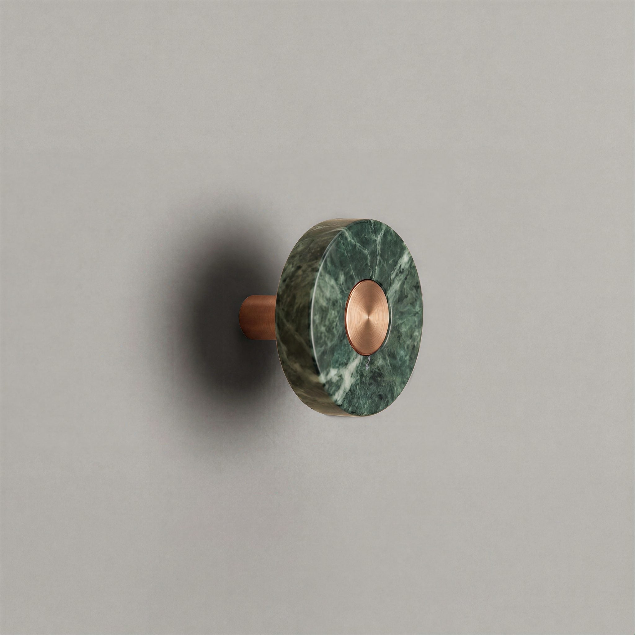 Green Marble Ensemble Handle in Knob size with Brushed Copper button detail by Sloan Roberts.