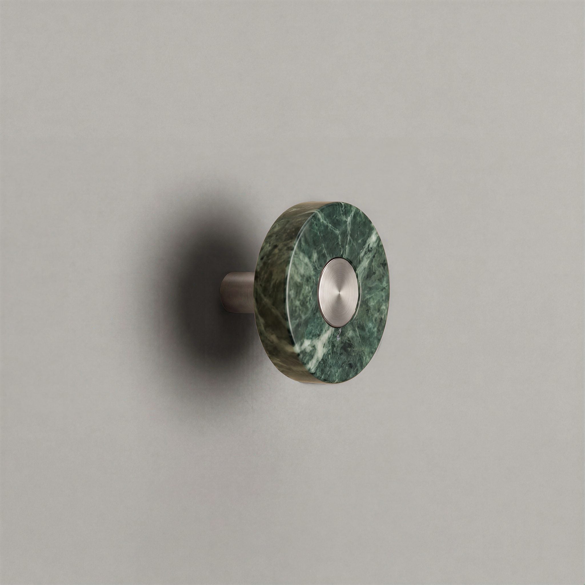 Green Marble Ensemble Handle in Knob size with Brushed Steel button detail by Sloan Roberts.