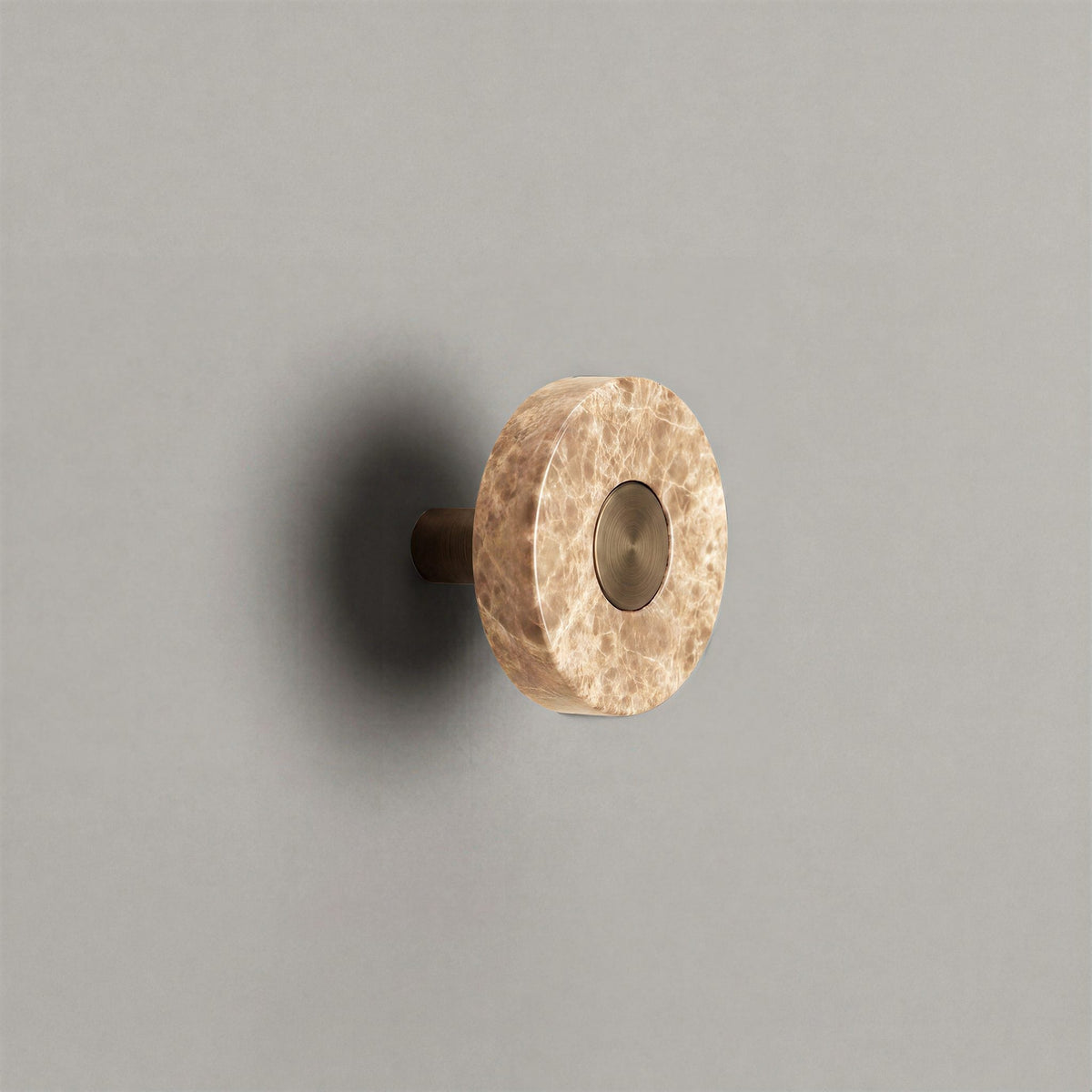 Latte Marble Ensemble Handle in Knob size with Aged Bronze button detail by Sloan Roberts.