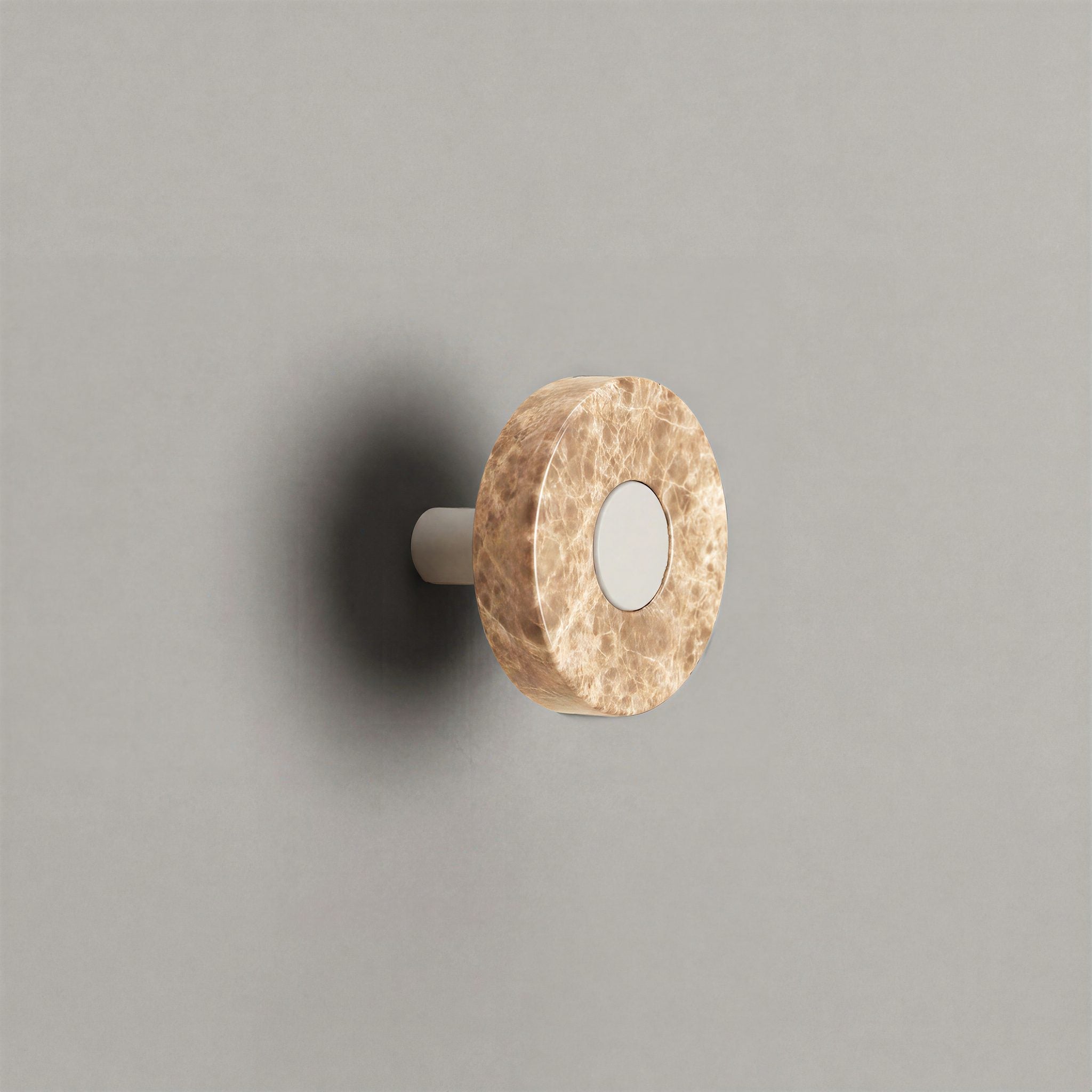Latte Marble Ensemble Handle in Knob size with Matte White button detail by Sloan Roberts.