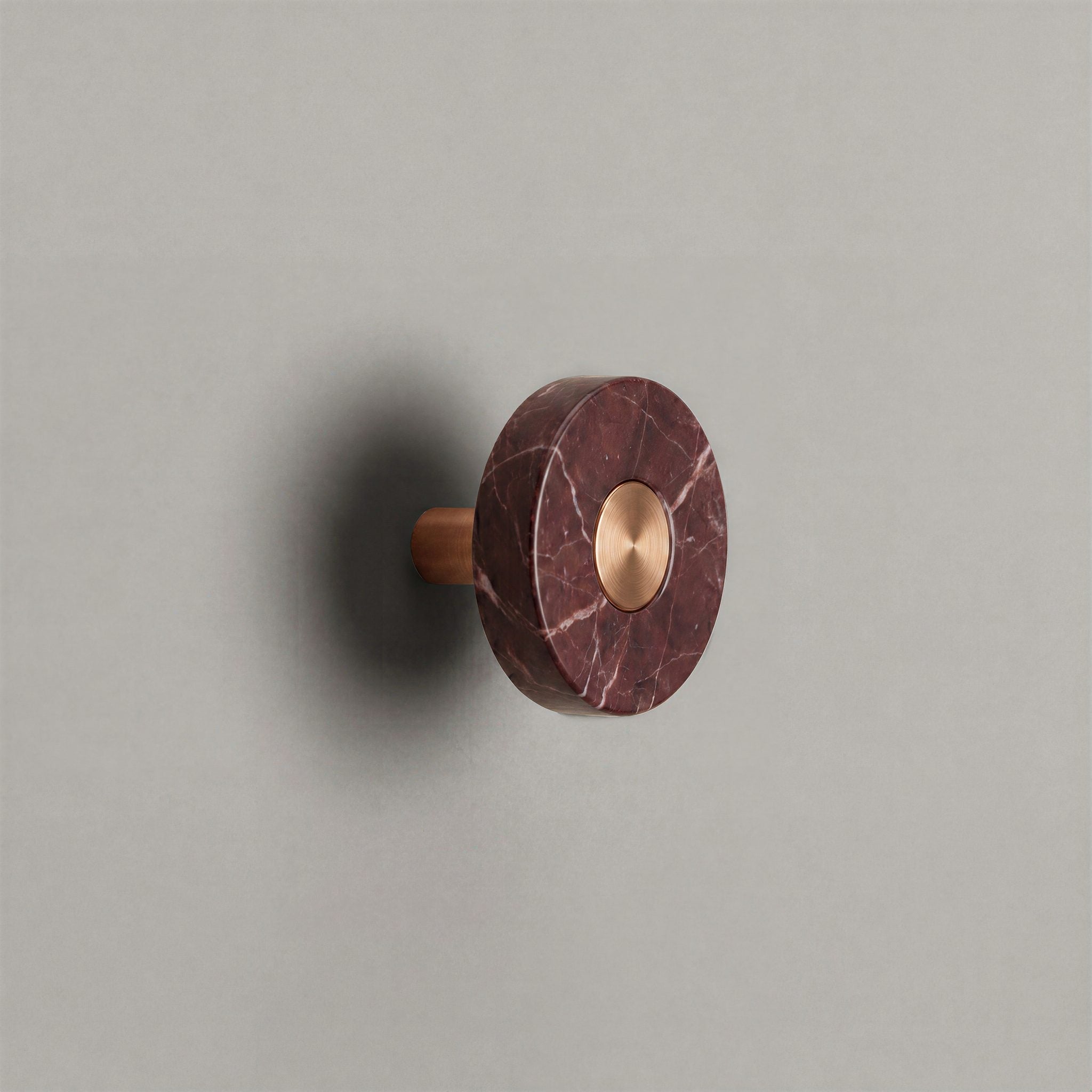 Red Marble Ensemble Handle in Knob size with Brushed Copper button detail by Sloan Roberts.