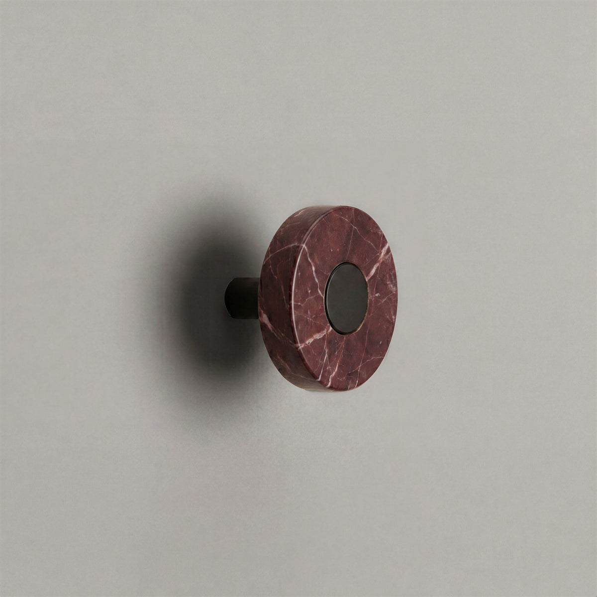 Red Marble Ensemble Handle in Knob size with Matte Black button detail by Sloan Roberts.