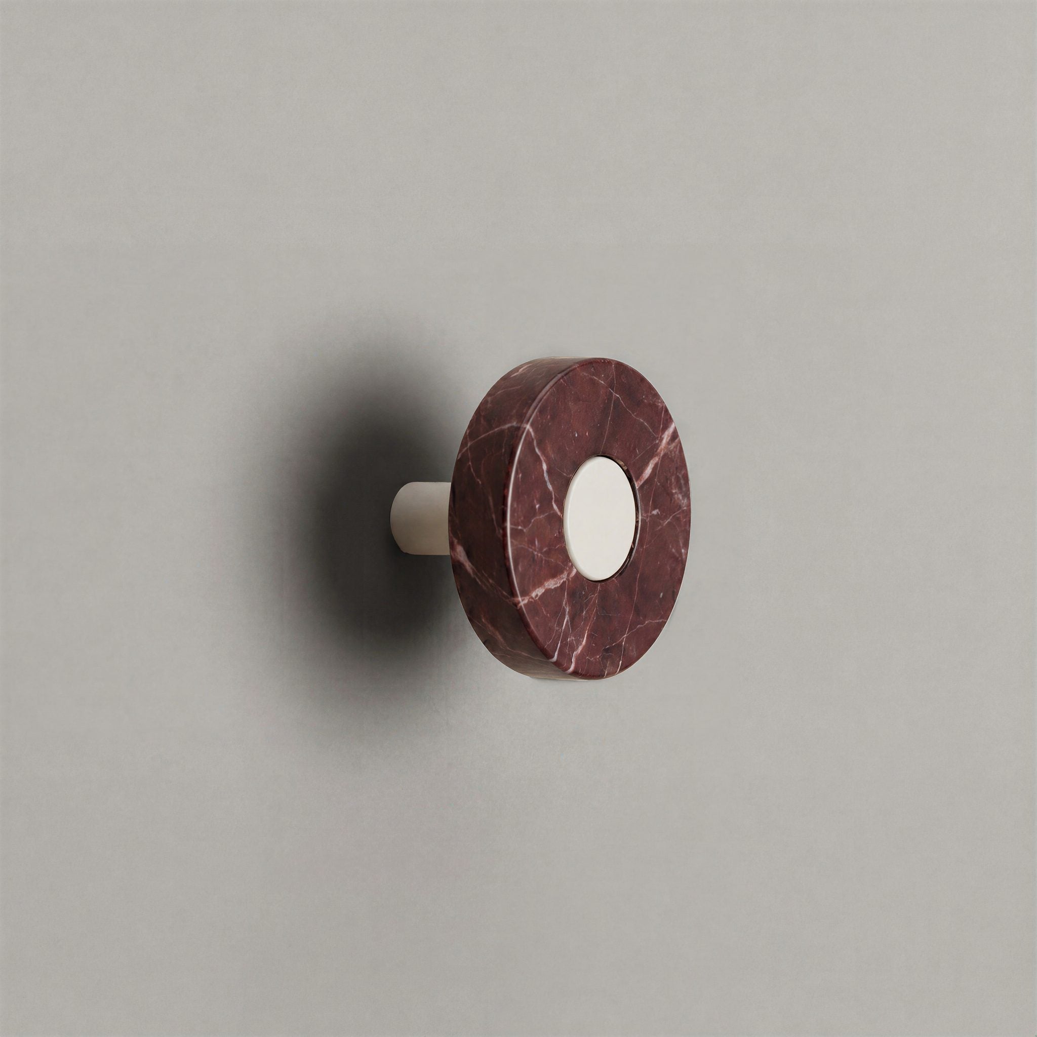 Red Marble Ensemble Handle in Knob size with Matte White button detail by Sloan Roberts.