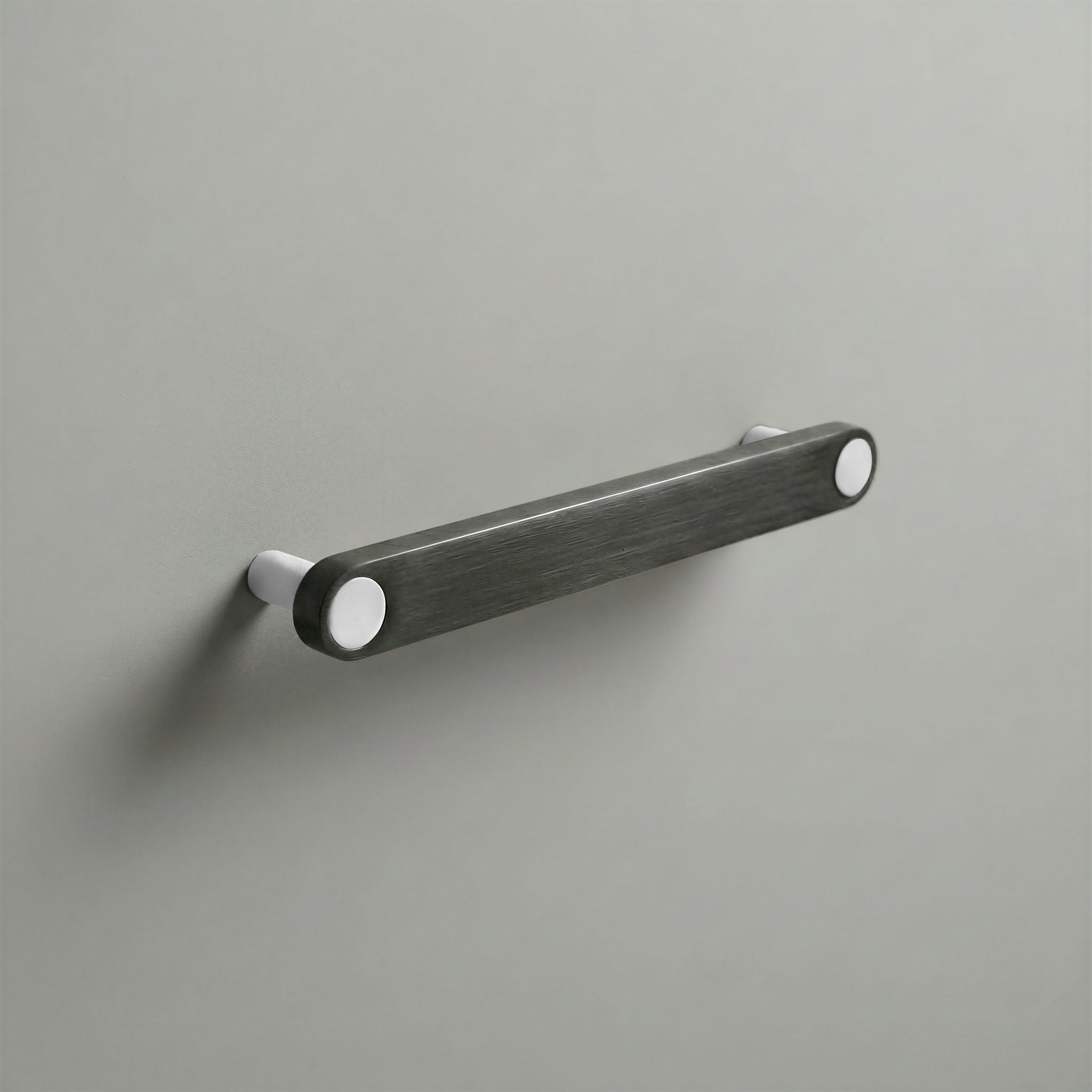 Gunmetal Ensemble Handle in 160mm Centres with Matte White button detail by Sloan Roberts.