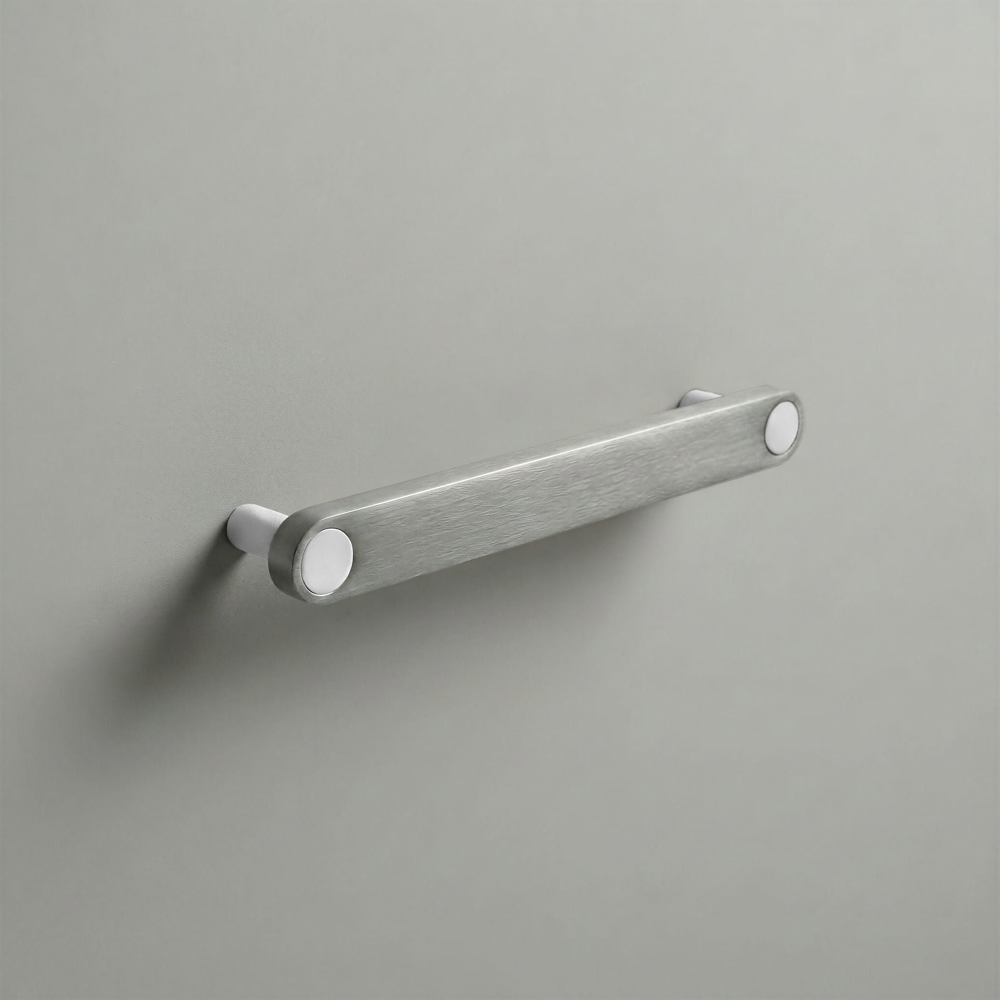 Brushed Steel Ensemble Handle in 160mm Centres with Matte White button detail by Sloan Roberts.