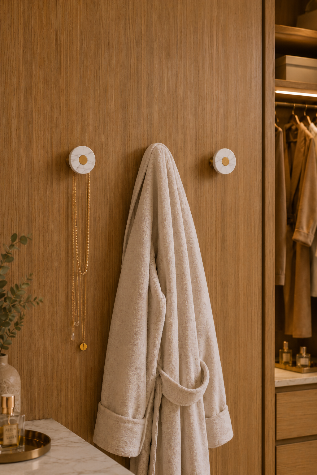 Ensemble White Marble Hook — modular wall hook by Sloan Roberts. Crafted from Carrara marble with choice of metallic button detail. Suited to bathrooms, ensuites and wardrobes. Designed and assembled in Melbourne.
