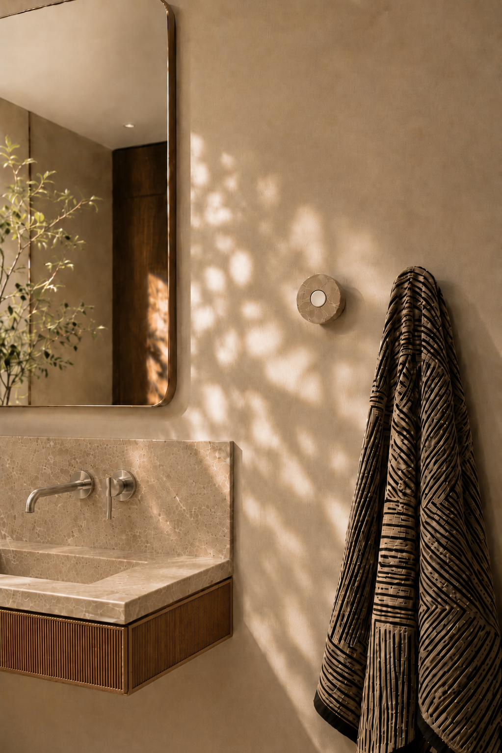 Ensemble Latte Marble Hook — modular wall hook by Sloan Roberts. Crafted from warm-toned Emperador marble with choice of metallic button detail. Suited to bathrooms, ensuites and wardrobes. Designed and assembled in Melbourne.