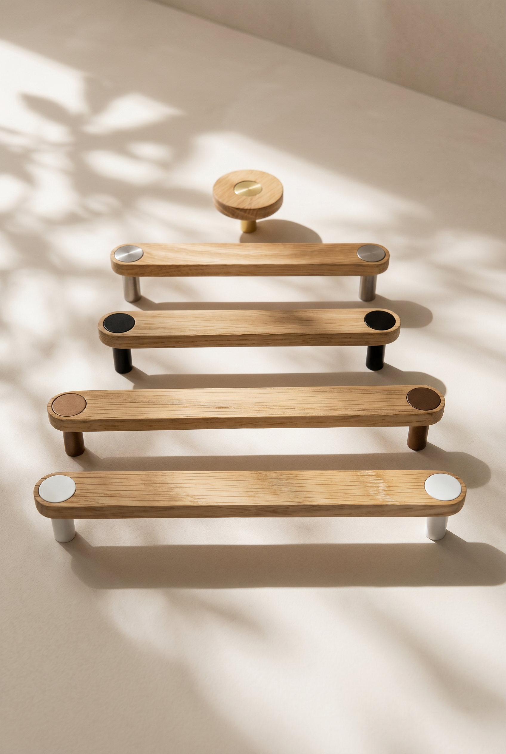 Ensemble Oak Handle — modular cabinet handle by Sloan Roberts. Solid American White Oak with choice of metallic button detail. Designed and assembled in Melbourne.
