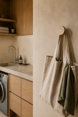 Ensemble Oak Hook — modular wall hook by Sloan Roberts. Natural American Oak with choice of metallic button detail. Suited to bathrooms, ensuites and wardrobes. Designed and assembled in Melbourne.