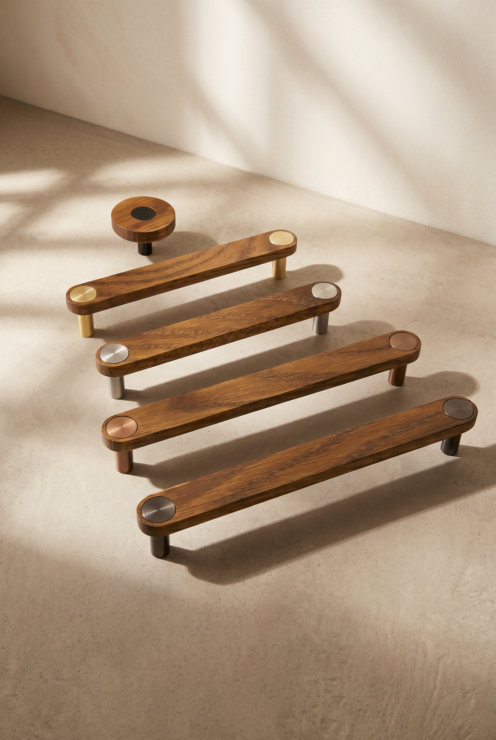 Ensemble Walnut Handle — modular cabinet handle by Sloan Roberts. Solid American White Oak in walnut finish with choice of metallic button detail. Designed and assembled in Melbourne.