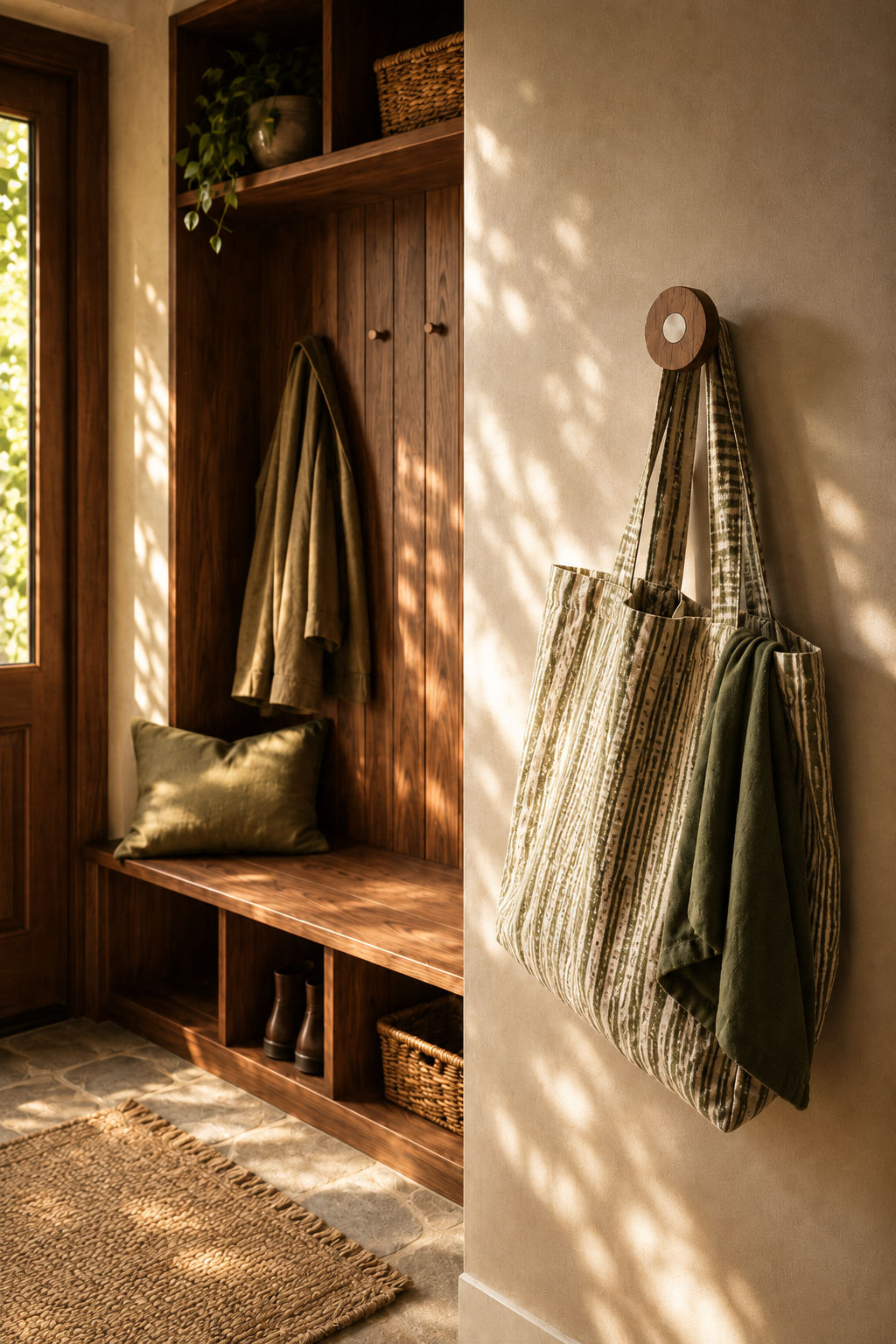 Ensemble Walnut Hook — modular wall hook by Sloan Roberts. Rich American Walnut with choice of metallic button detail. Suited to bathrooms, ensuites and wardrobes. Designed and assembled in Melbourne.