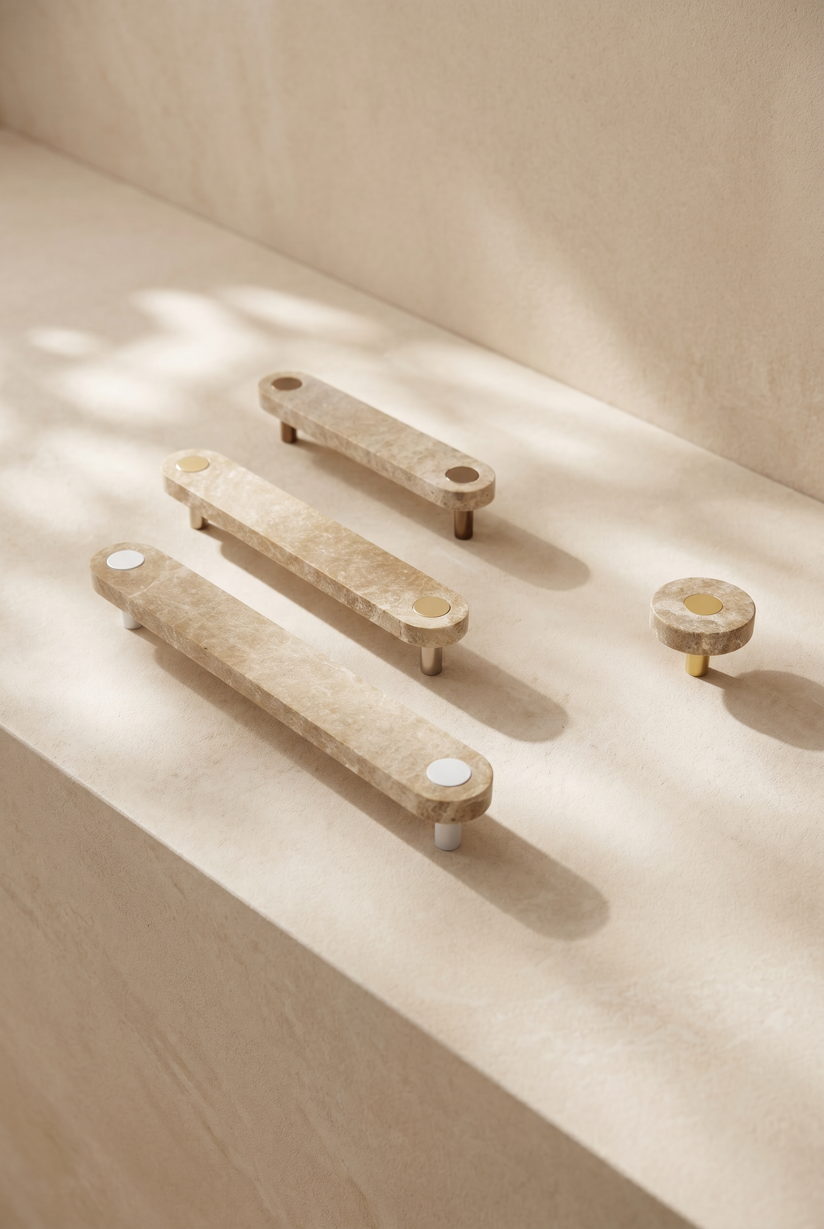 Ensemble Latte Marble Handle — modular cabinet handle by Sloan Roberts. Crafted from warm-toned Emperador marble with choice of metallic button detail.