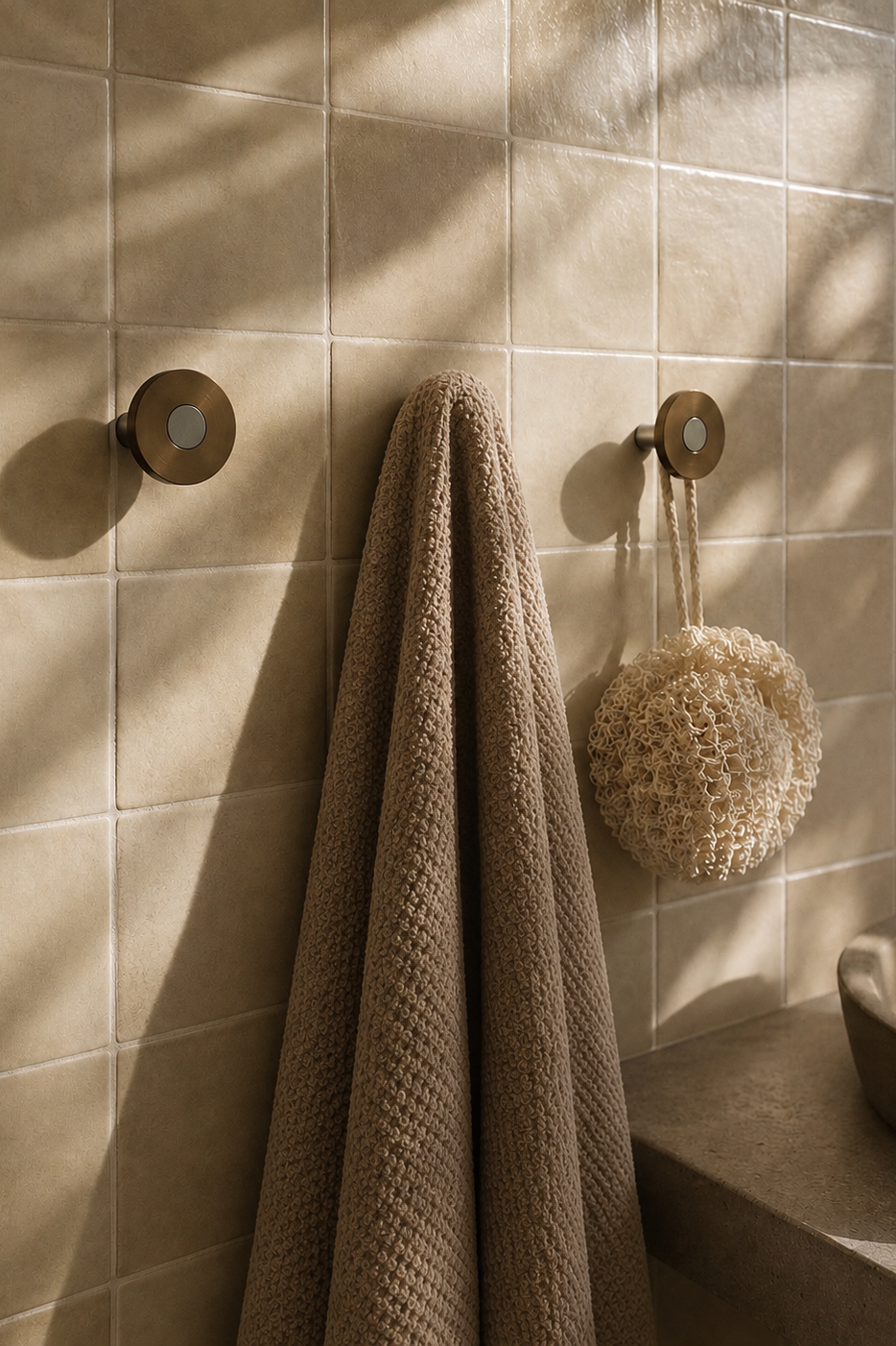 Ensemble Bronze Hook — modular wall hook by Sloan Roberts. Aged bronze finish with choice of metallic button detail. Suited to bathrooms, ensuites and wardrobes. Designed and assembled in Melbourne.