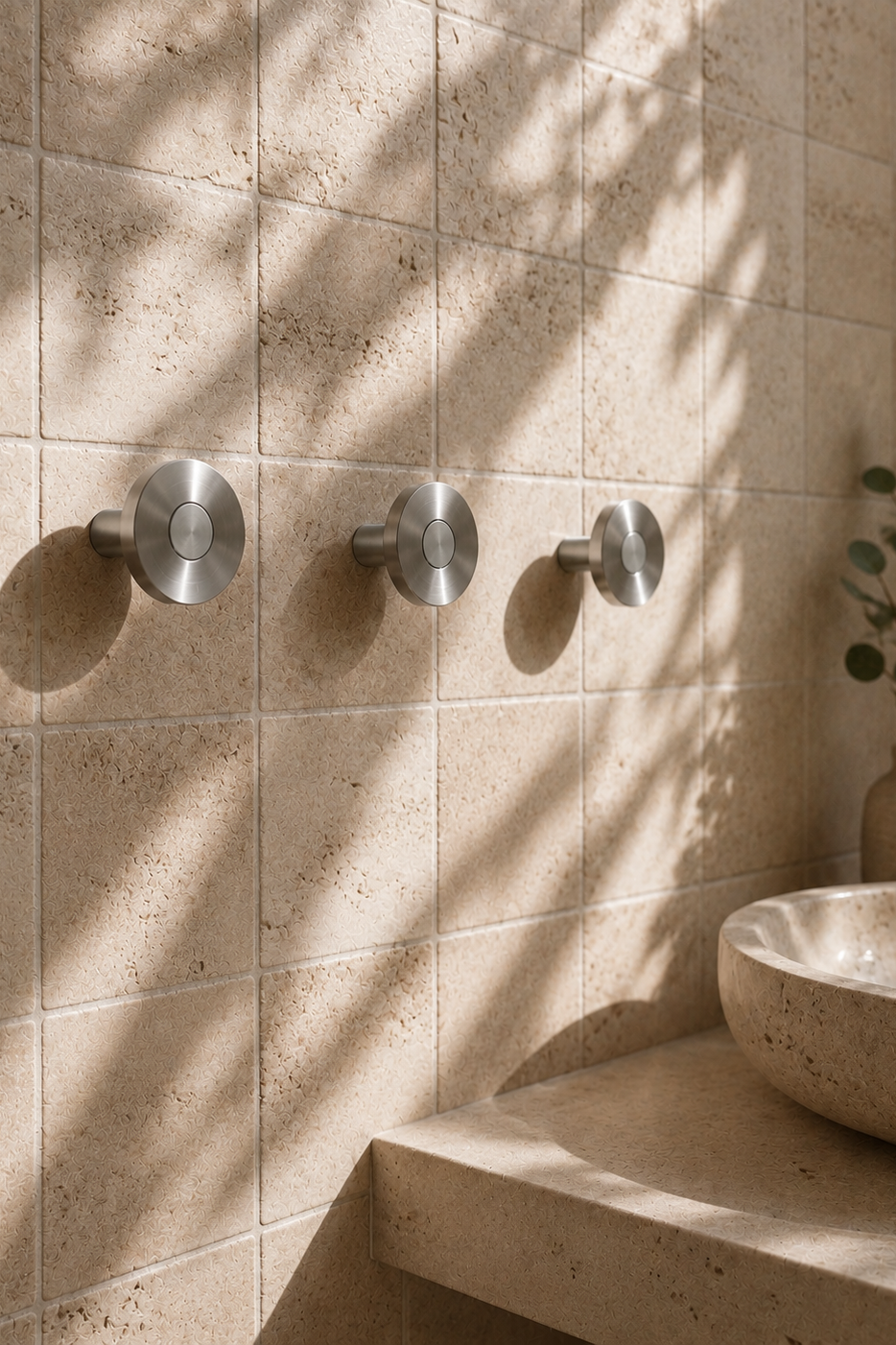 Ensemble Brushed Steel Hook — modular wall hook by Sloan Roberts. Cool brushed steel finish with choice of metallic button detail. Suited to bathrooms, ensuites and wardrobes. Designed and assembled in Melbourne.
