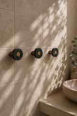 Ensemble Green Marble Hook — modular wall hook by Sloan Roberts. Crafted from Verde Alpi marble sourced from Italy with choice of metallic button detail. Suited to bathrooms, ensuites and wardrobes. Designed and assembled in Melbourne.