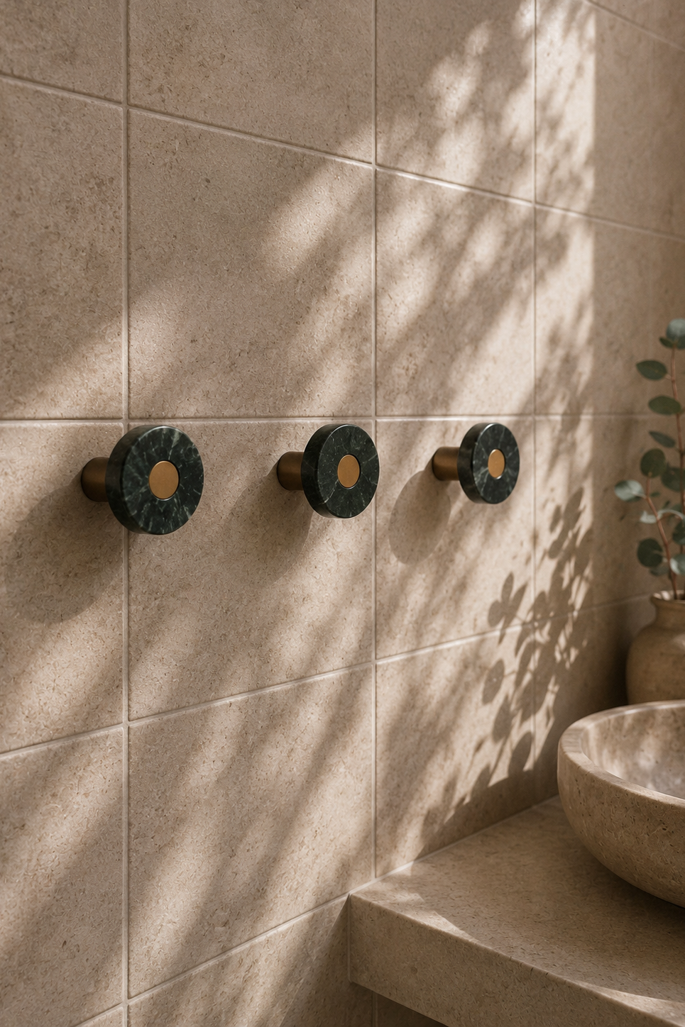 Ensemble Green Marble Hook — modular wall hook by Sloan Roberts. Crafted from Verde Alpi marble sourced from Italy with choice of metallic button detail. Suited to bathrooms, ensuites and wardrobes. Designed and assembled in Melbourne.