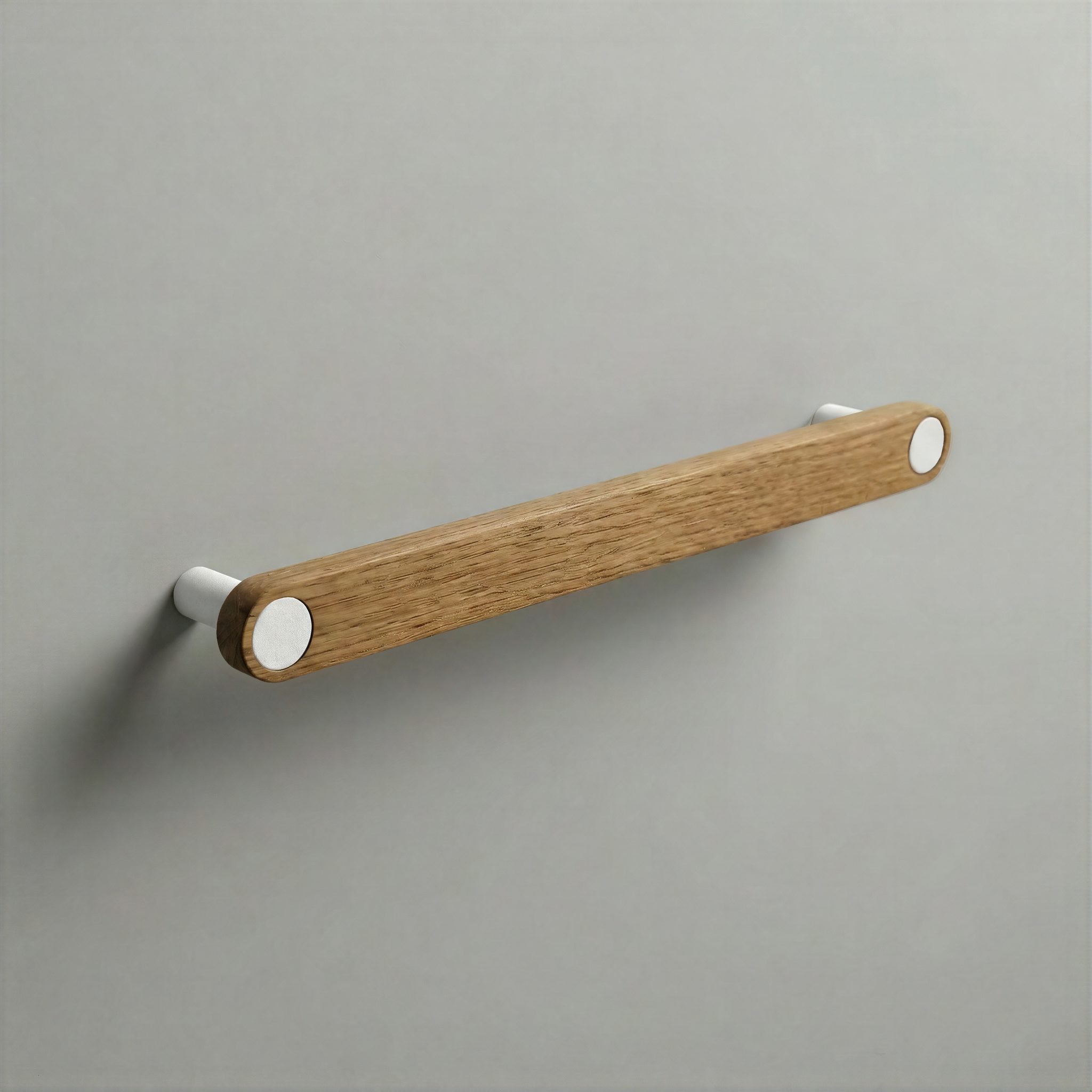 Oak Ensemble Handle in 192mm Centres with Matte White button detail by Sloan Roberts.