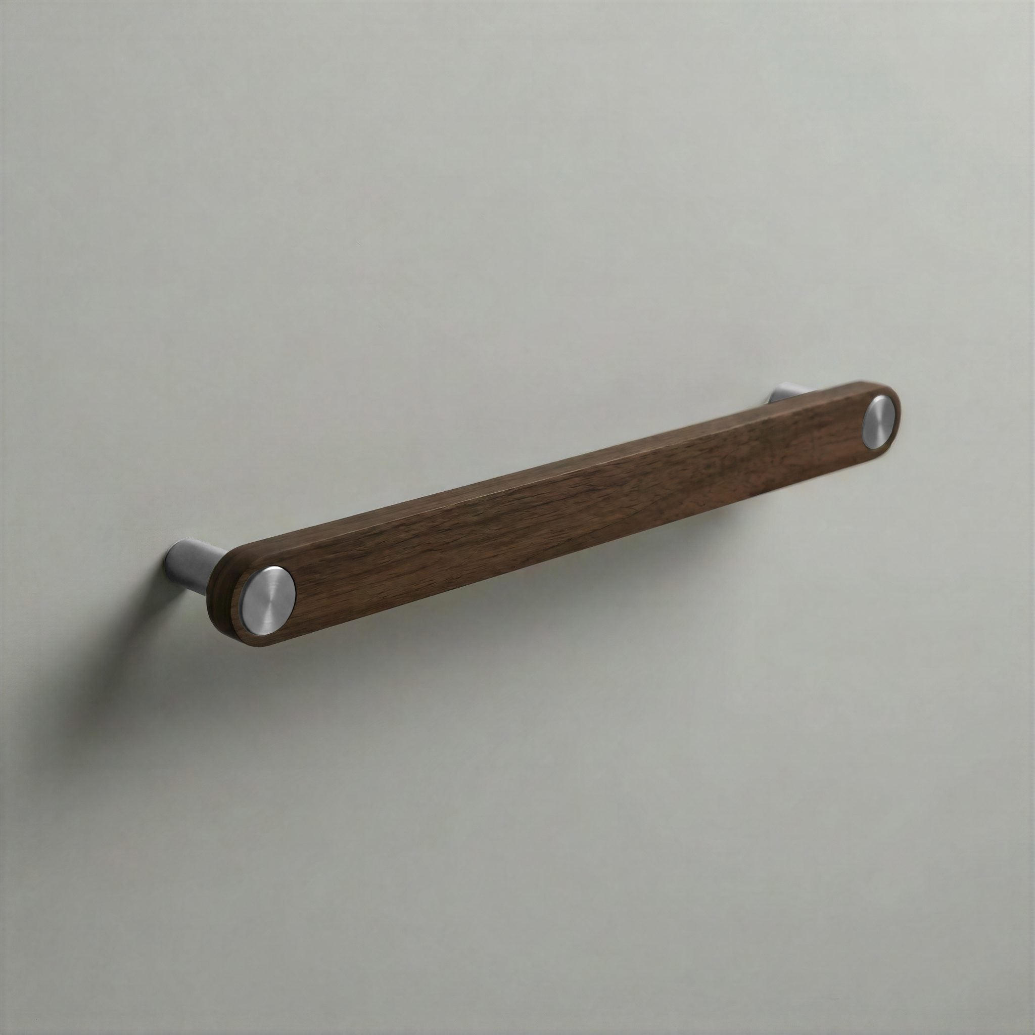 Walnut Ensemble Handle in 192mm Centres with Brushed Steel button detail by Sloan Roberts.