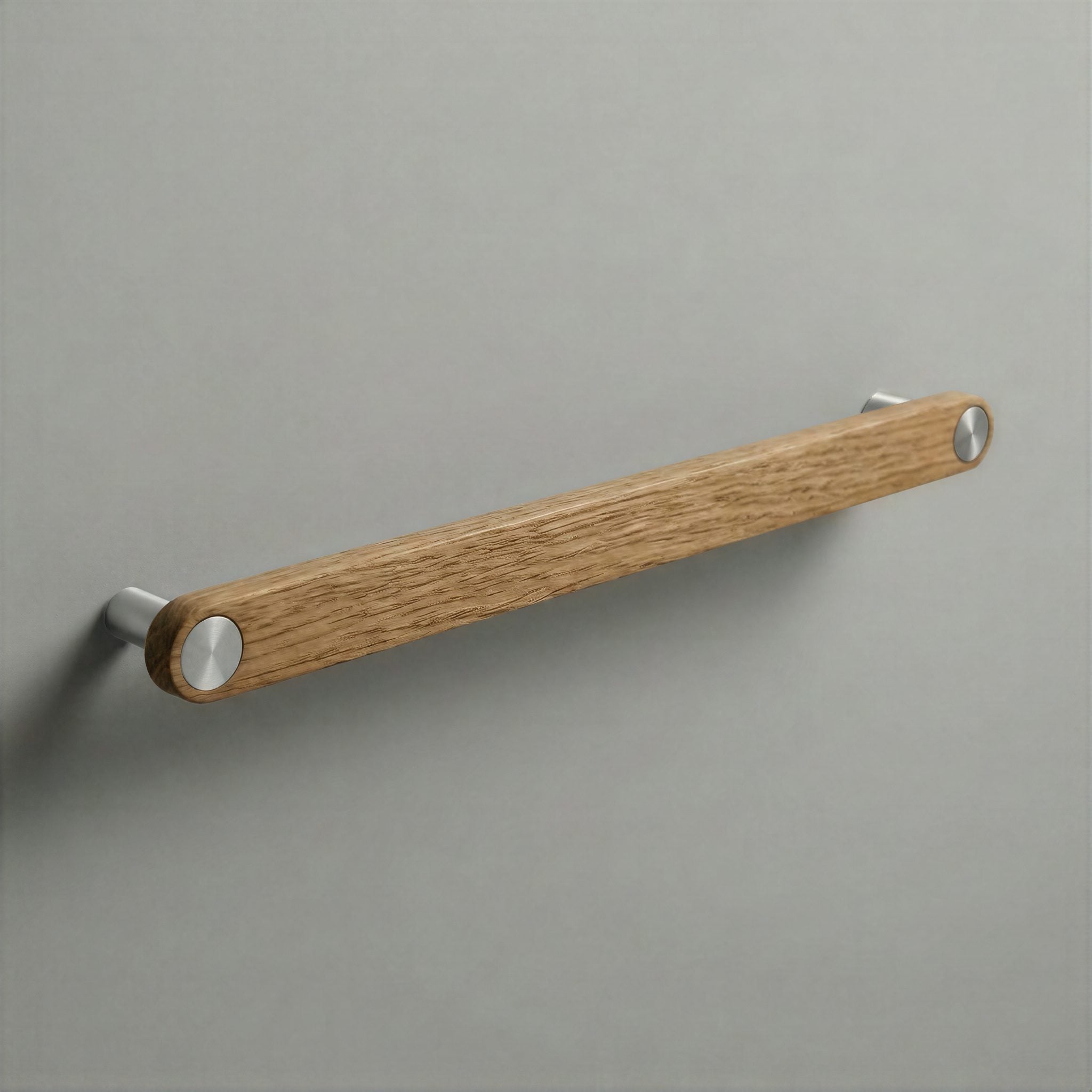 Oak Ensemble Handle in 224mm Centres with Brushed Steel button detail by Sloan Roberts.