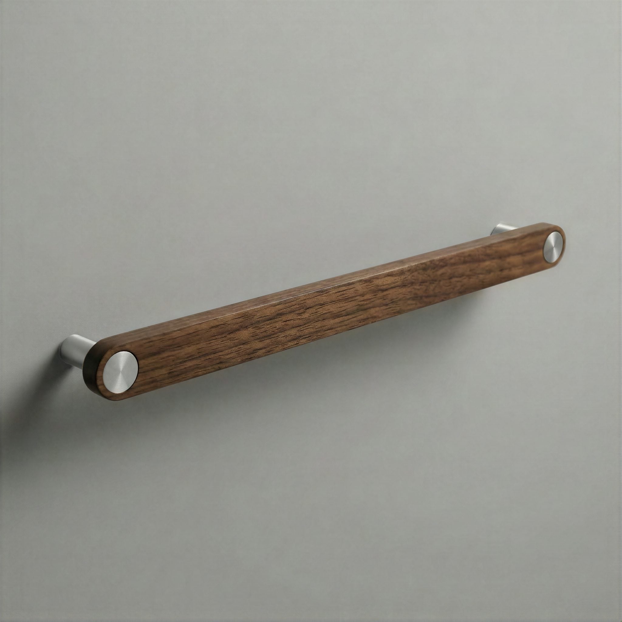 Walnut Ensemble Handle in 224mm Centres with Brushed Steel button detail by Sloan Roberts.