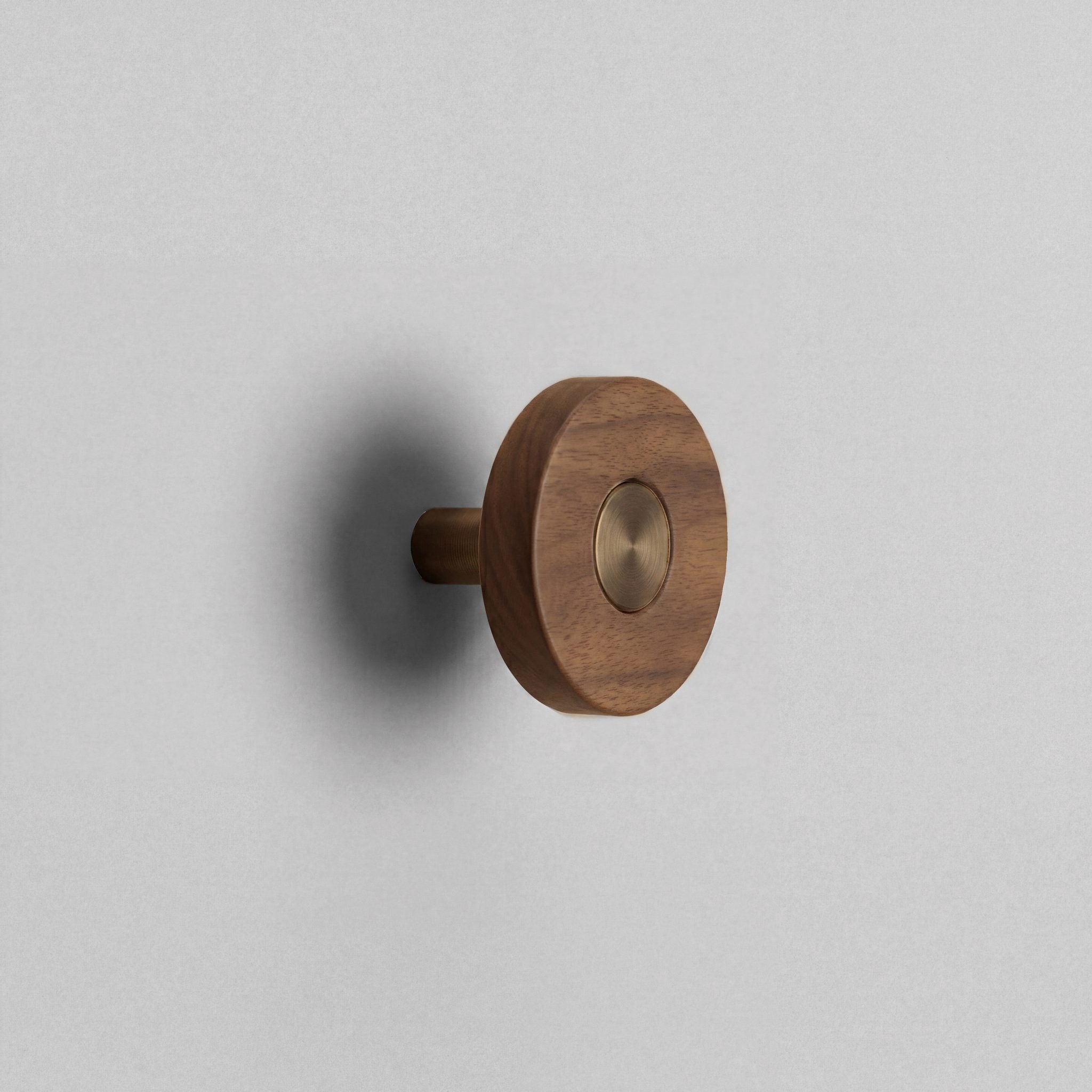 Walnut Ensemble Handle in Knob size with Aged Bronze button detail by Sloan Roberts.