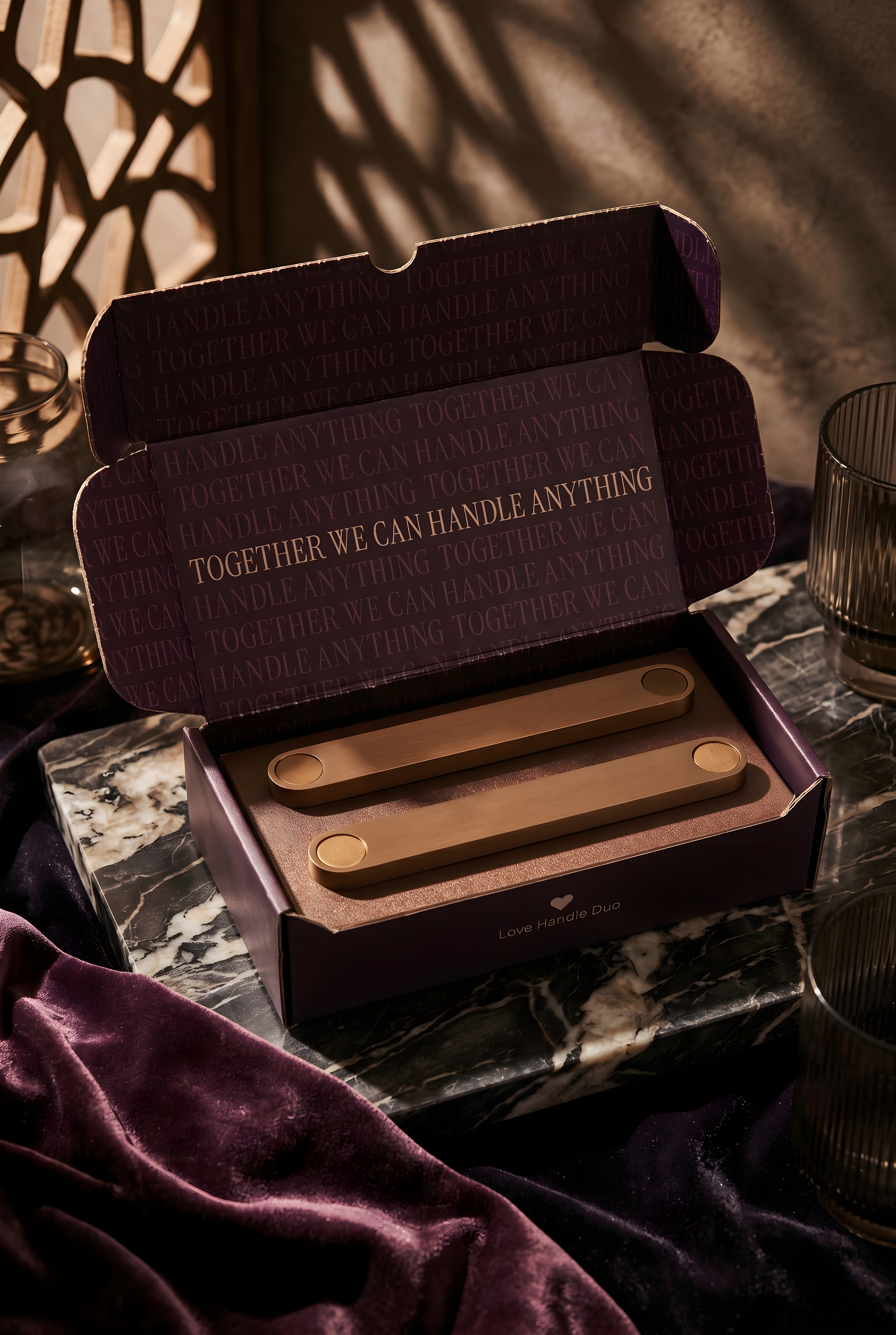 Love Handle Duo Set in Brushed Copper — Sloan Roberts cabinet handle duo, packaged in a gift box