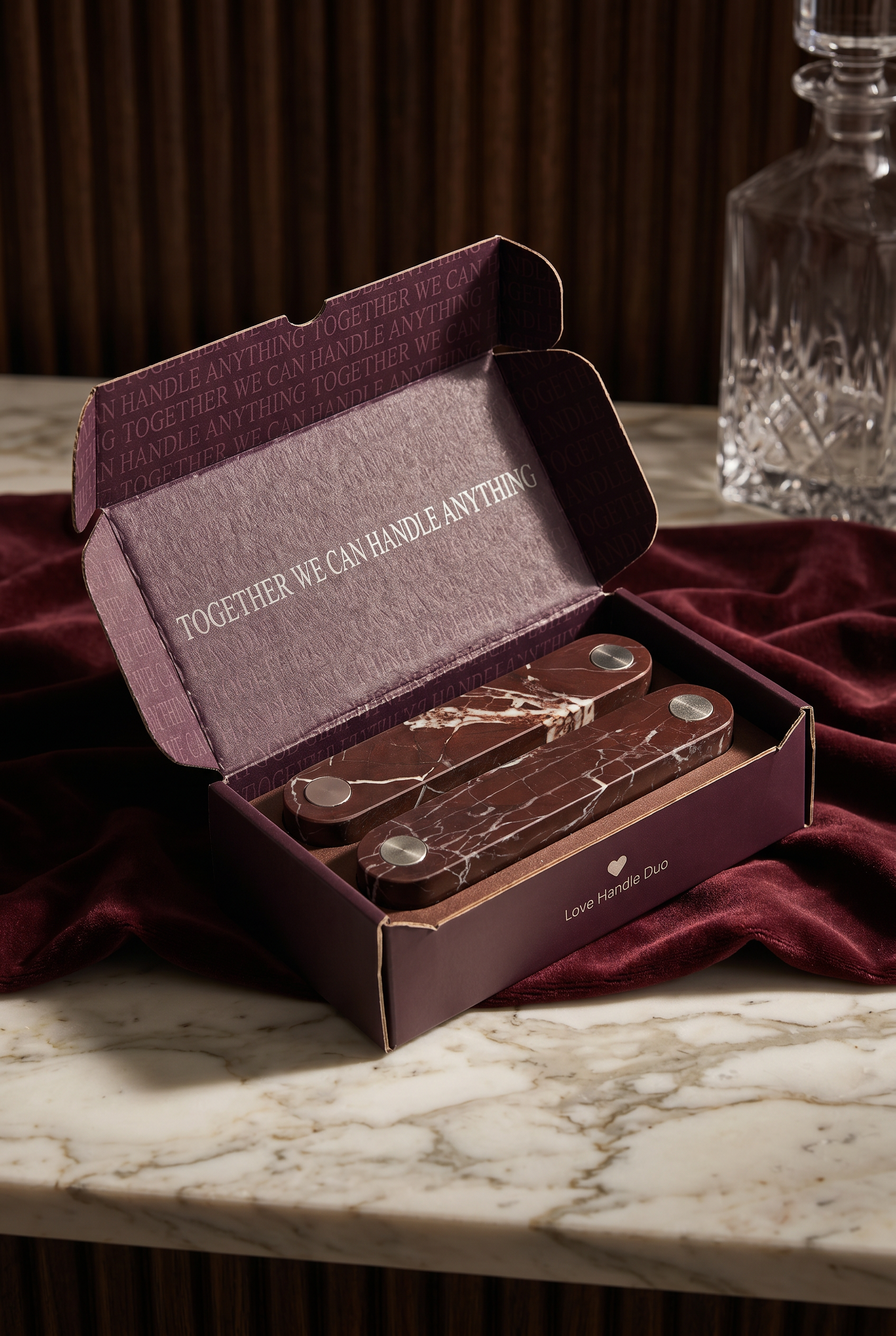 Love Handle Duo Set in Red Marble with Brushed Steel detail — Sloan Roberts cabinet handle duo, packaged in a gift box