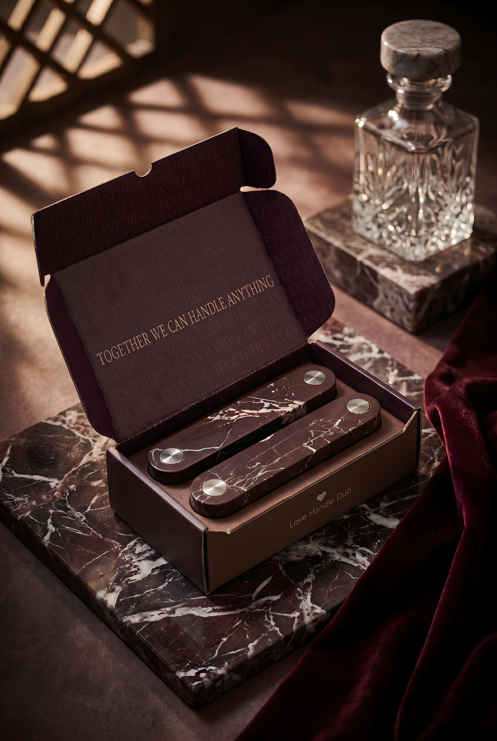 Love Handle Duo Set in Red Marble with Brushed Steel detail — Sloan Roberts cabinet handle duo, packaged in a gift box
