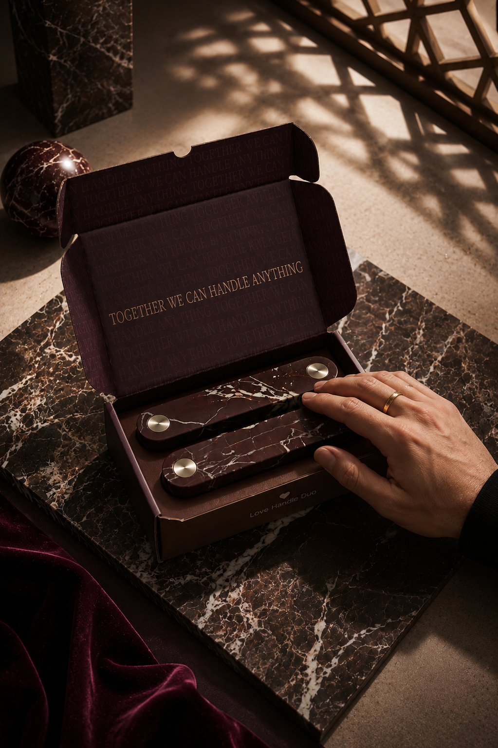 Love Handle Duo Set in Red Marble with Brushed Steel detail — Sloan Roberts cabinet handle duo in gift box, held in hand