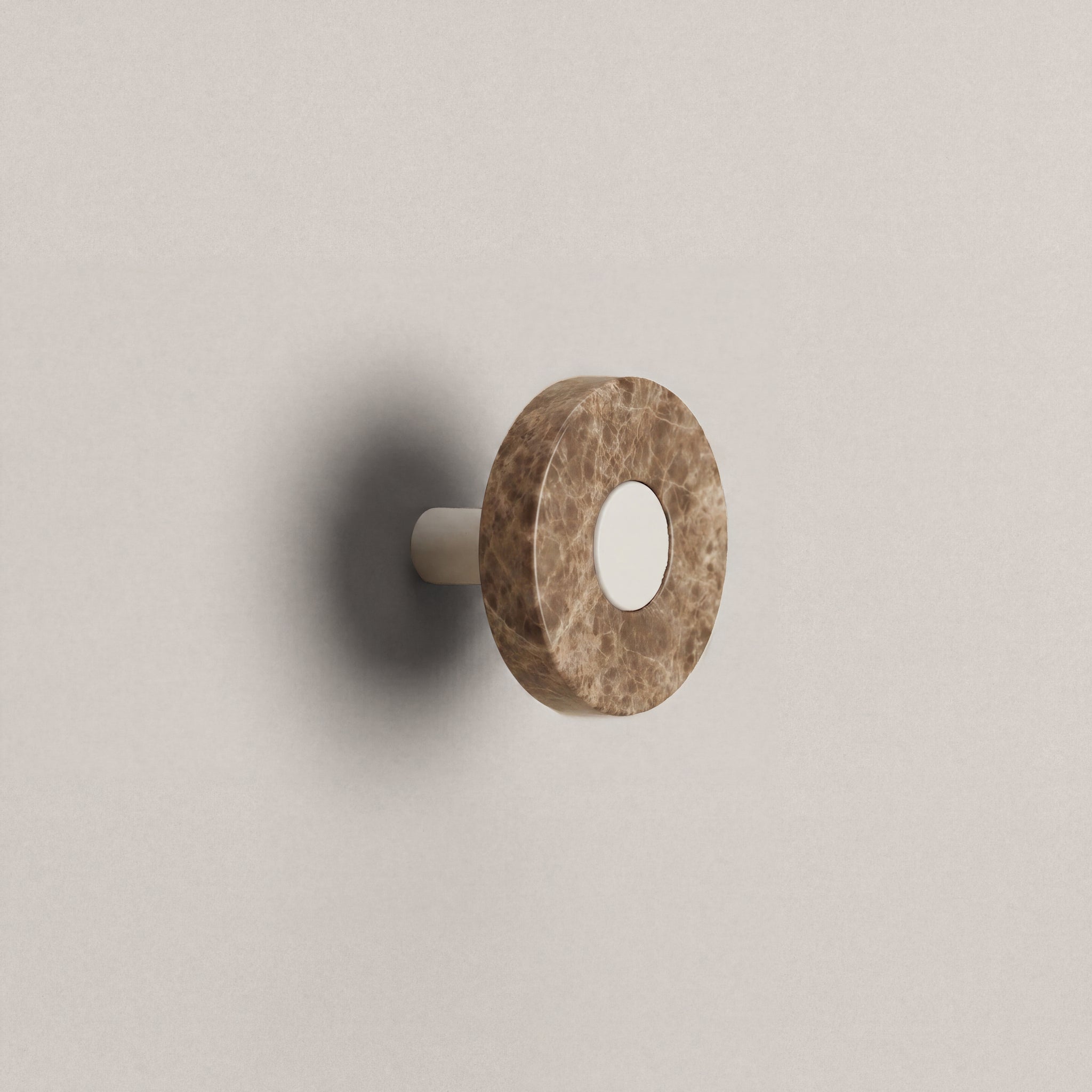 Latte Marble Ensemble Handle in Knob size with Matte White button detail by Sloan Roberts.