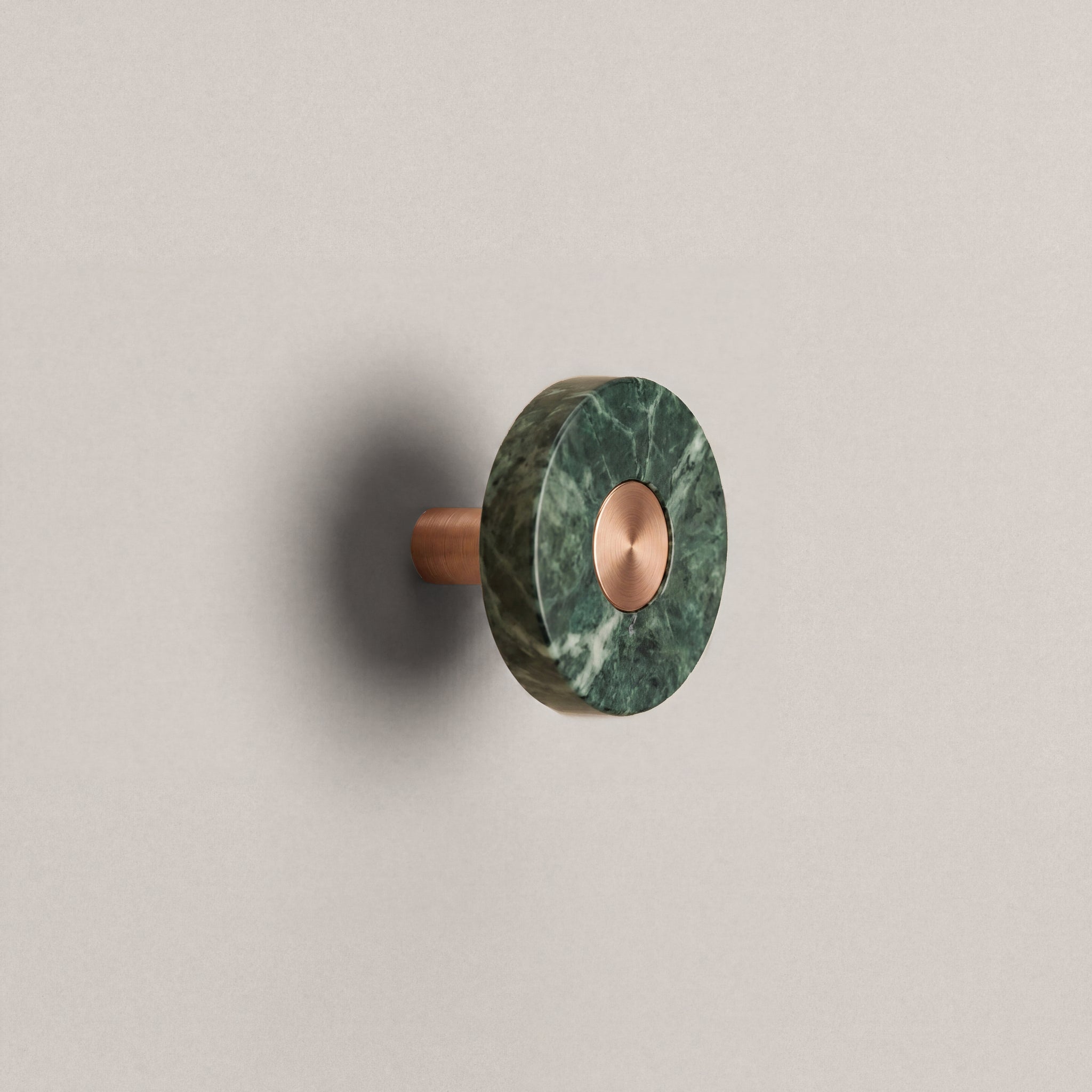 Green Marble Ensemble Handle in Knob size with Brushed Copper button detail by Sloan Roberts.