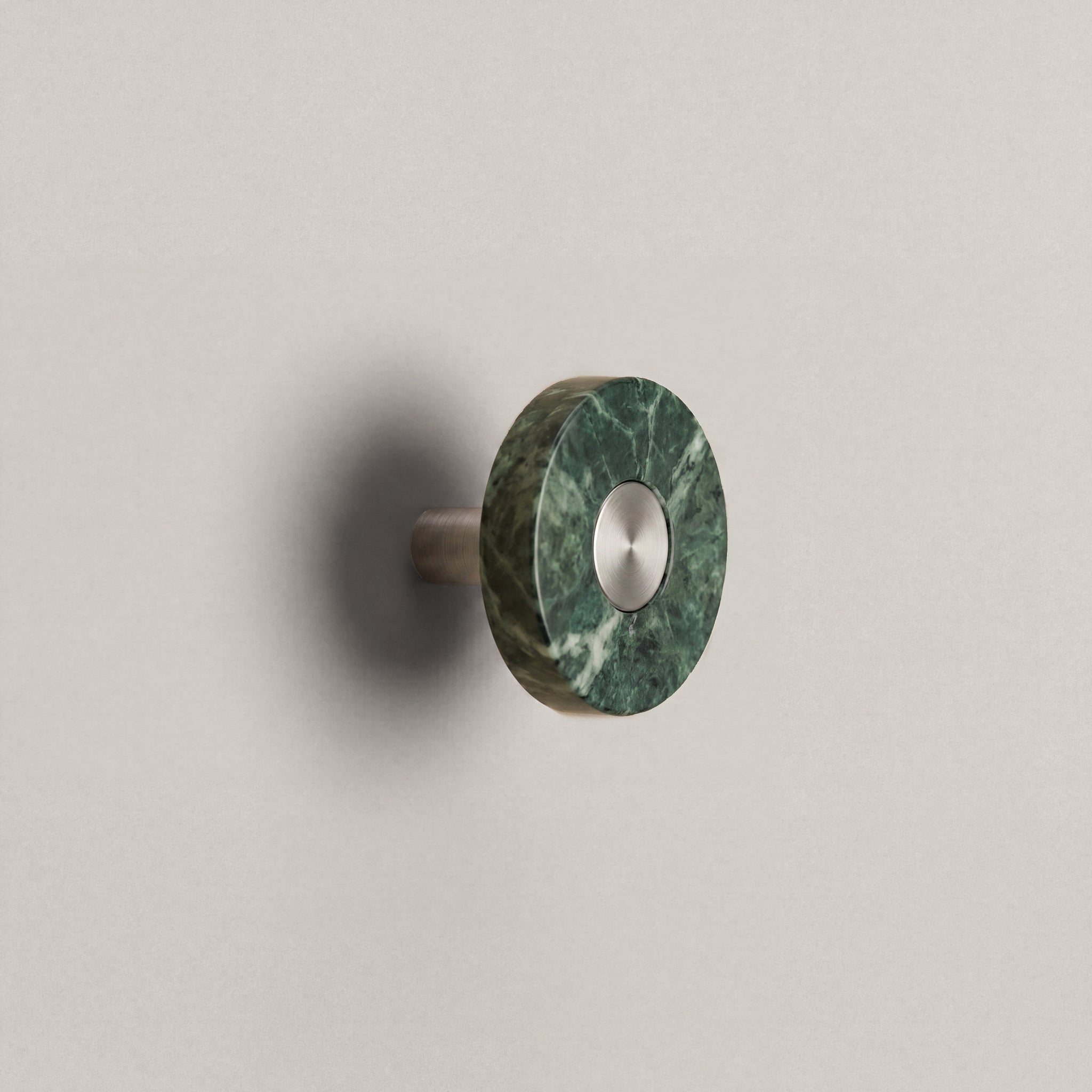 Green Marble Ensemble Handle in Knob size with Brushed Steel button detail by Sloan Roberts.