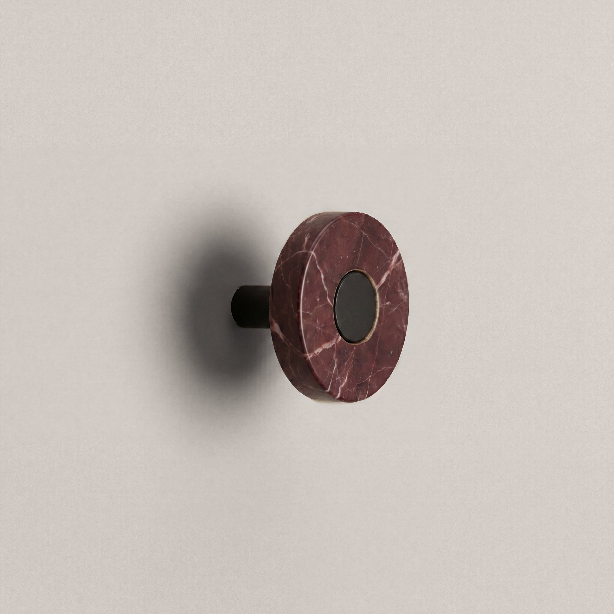 Red Marble Ensemble Handle in Knob size with Matte Black button detail by Sloan Roberts.