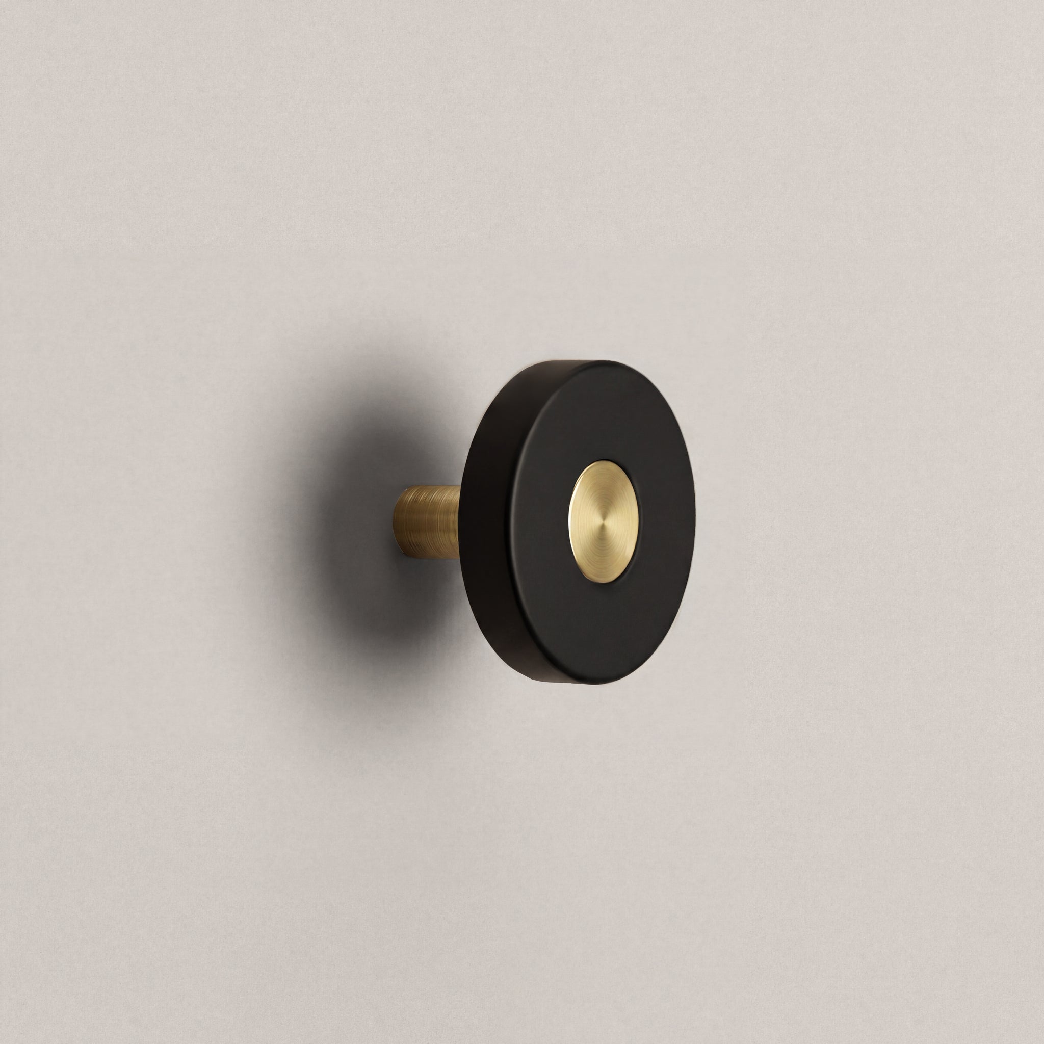 Matte Black Ensemble Handle in Knob size with Brass button detail by Sloan Roberts.