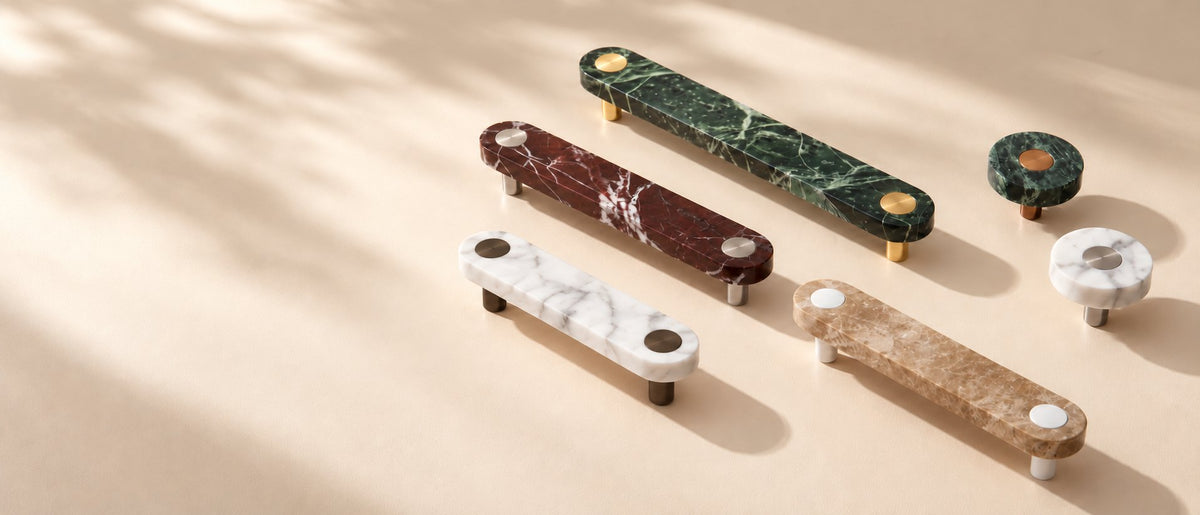 Ensemble marble cabinet handles and knobs in Green, Red, White and Latte marble with metal button details