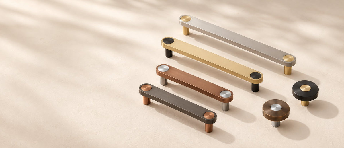 Ensemble metal cabinet handles and knobs in Brushed Steel, Brass, Brushed Copper, Gunmetal, Matte Black and Aged Bronze with contrasting button details