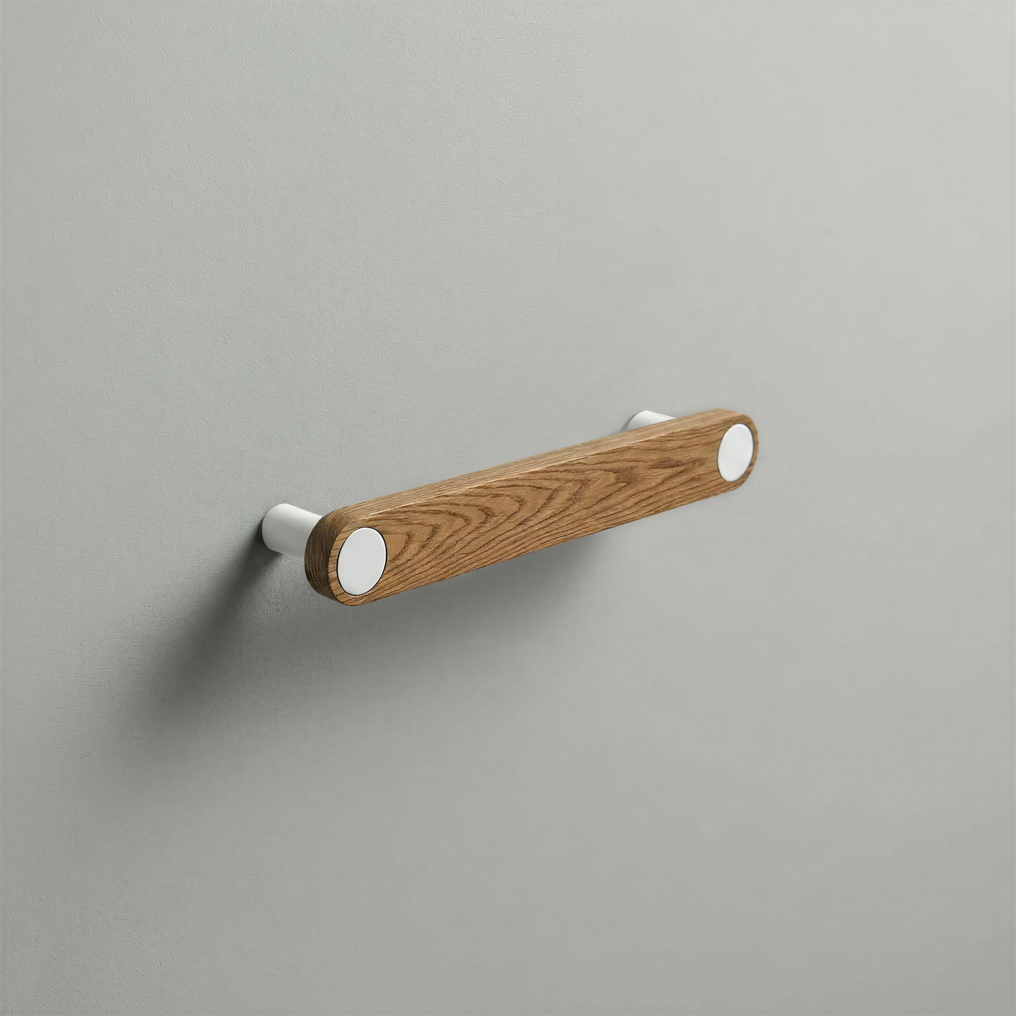 Oak Ensemble Handle in 128mm Centres with Matte White button detail by Sloan Roberts.
